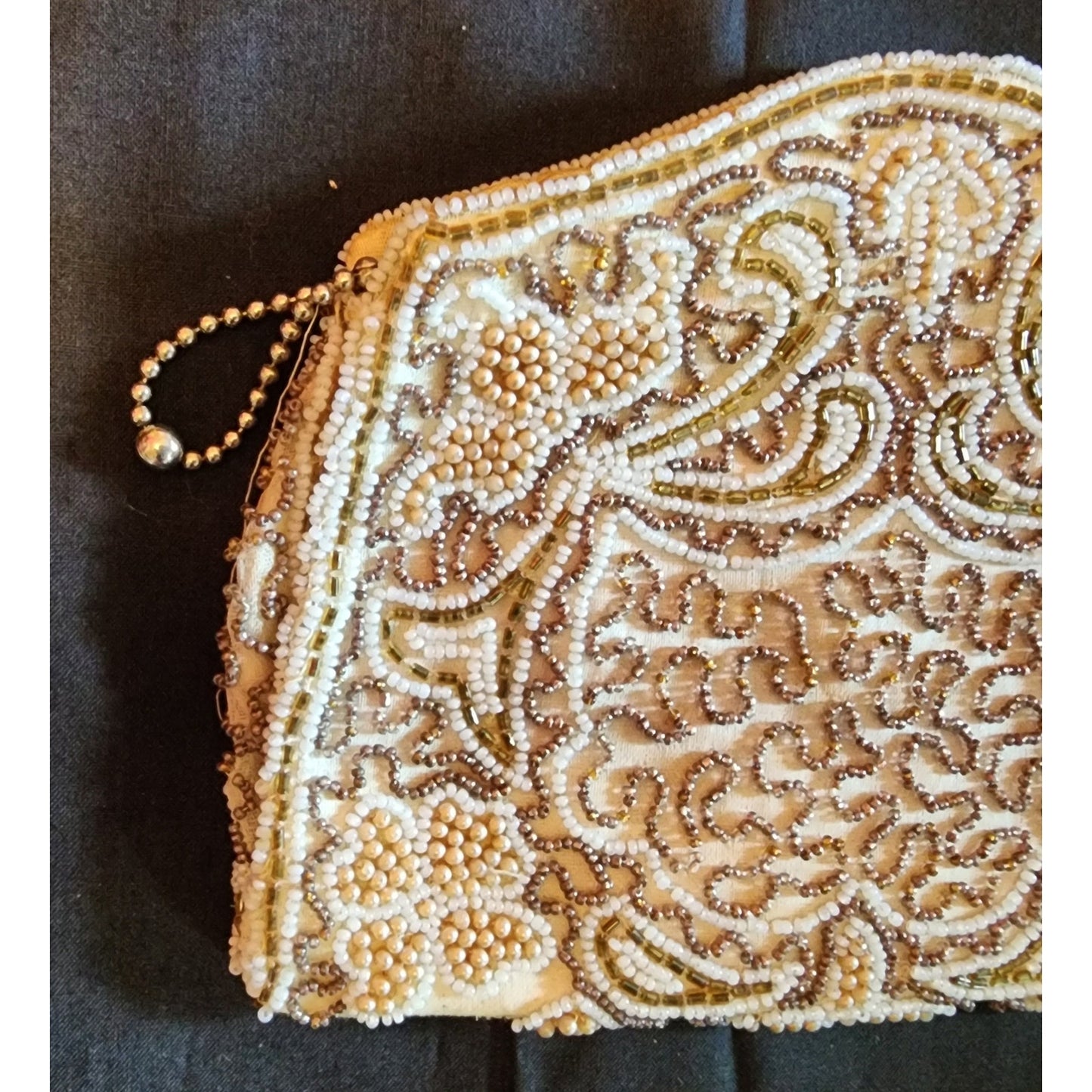 Vintage Beaded Purse 1930s 40s Small Cream Beaded Zipper Purse Glass Seed Beads Tiny Faux Pearls Handmade in Belgium Art Deco AS IS