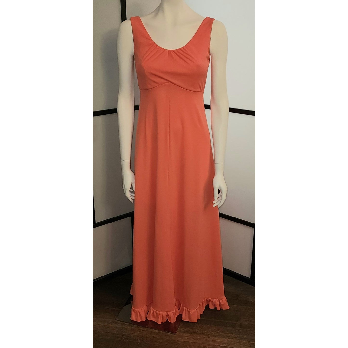 Vintage Long Dress 1970s Long Peach Light Orange Nylon Gown Maxidress Disco Boho S