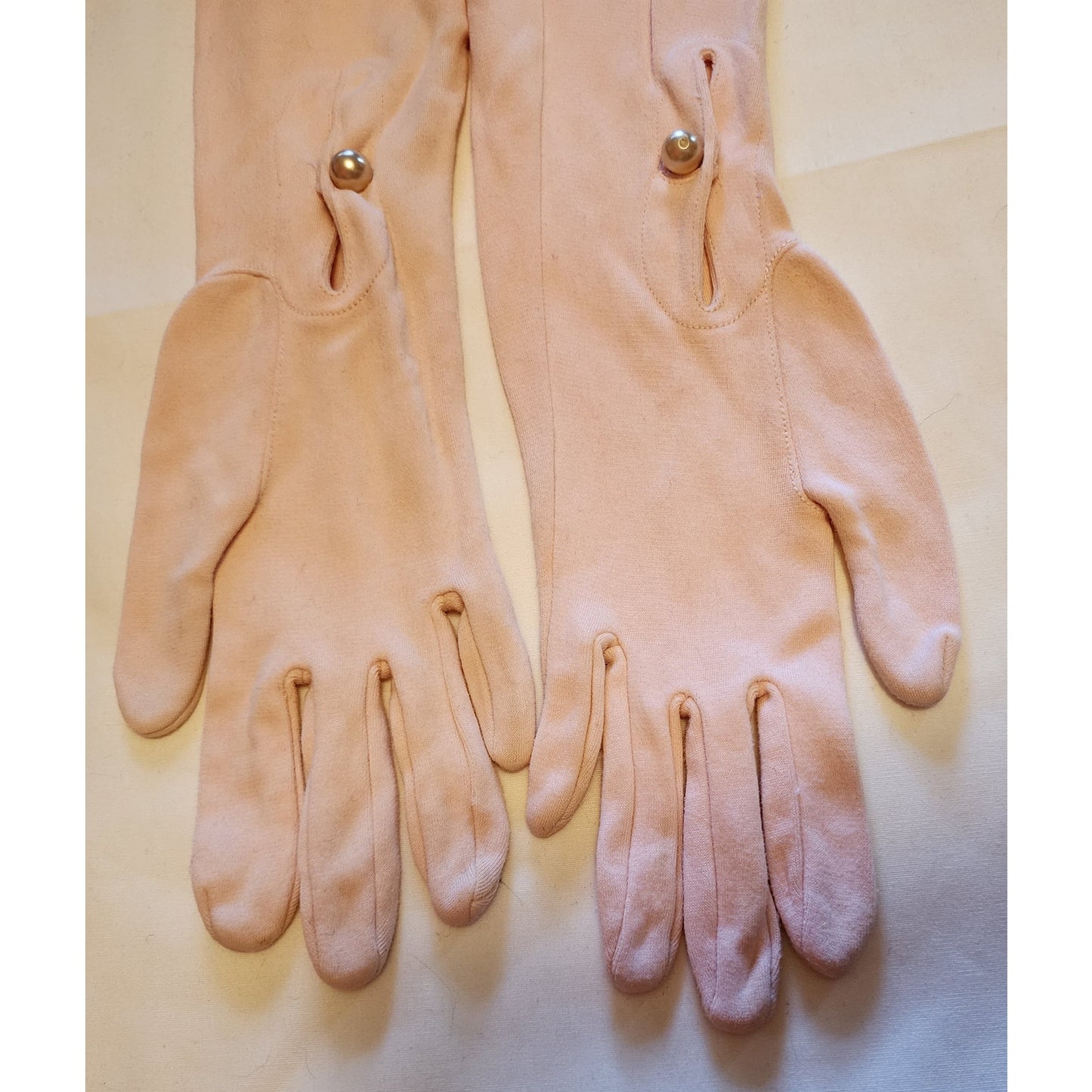 Vintage Pink Gloves 1950s Long Light Pink Nylon Fabric Elbow Gloves Pearl Buttons Van Raalte Mid Century 6