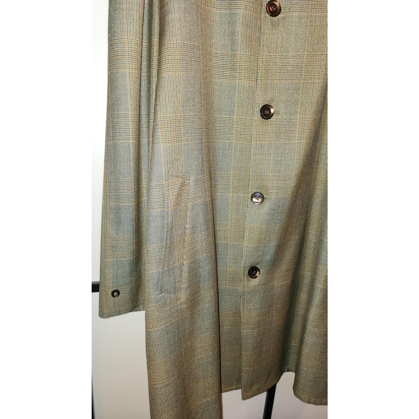Men's Vintage Coat 1960s Overcoat Topcoat Dark Green Plaid Raincoat Rainfair Mid Century L XL chest 50 in.