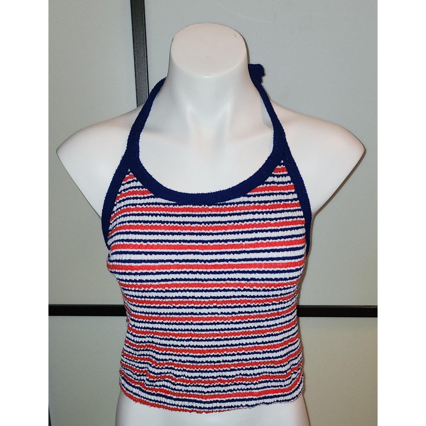 Vintage 1970s Top Red White Blue Striped Stretchy 70s Halter Top Tank Top Tie Around Neck Schooner Patriotic Boho S