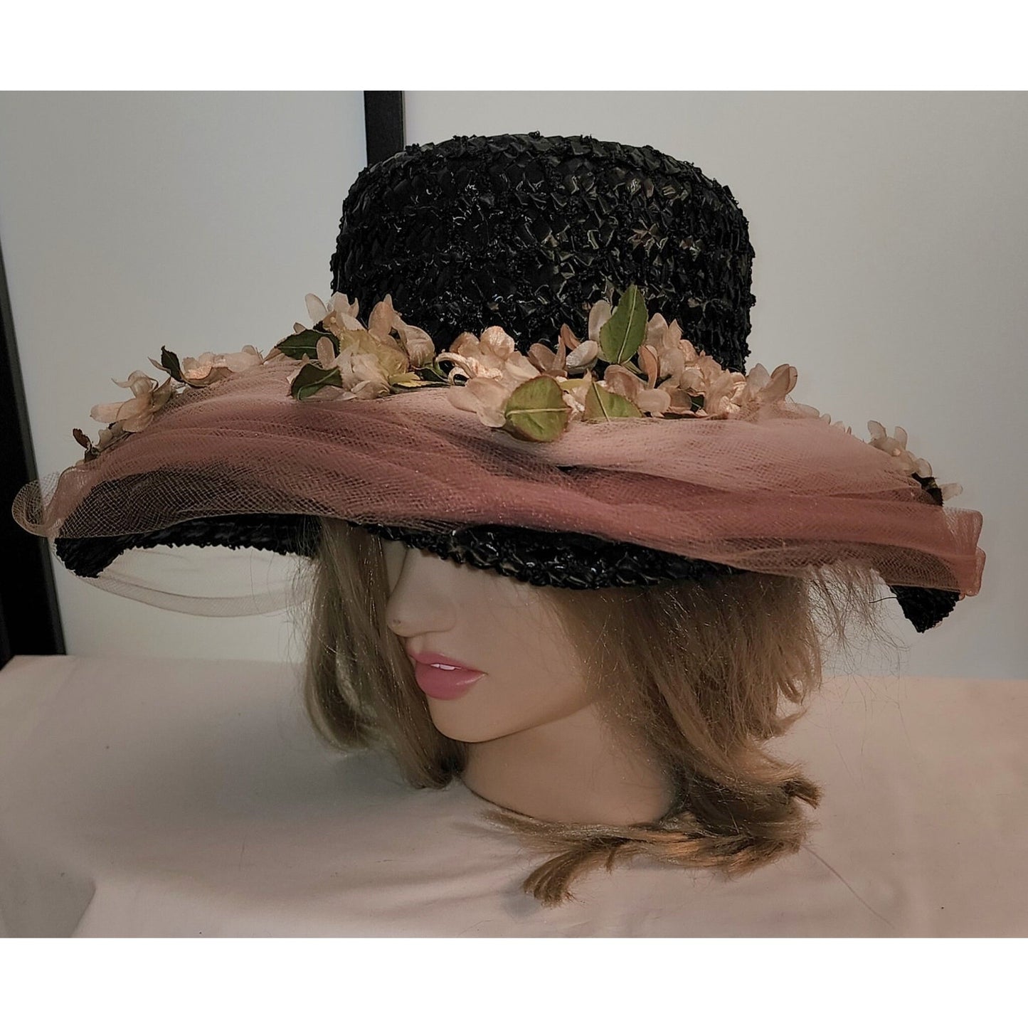 Vintage Platter Hat 1950s Huge Black Straw Saucer Hat Flowers Floral Sheer Tan Net Tulle Swags Mid Century Sun Hat 21.5 inches