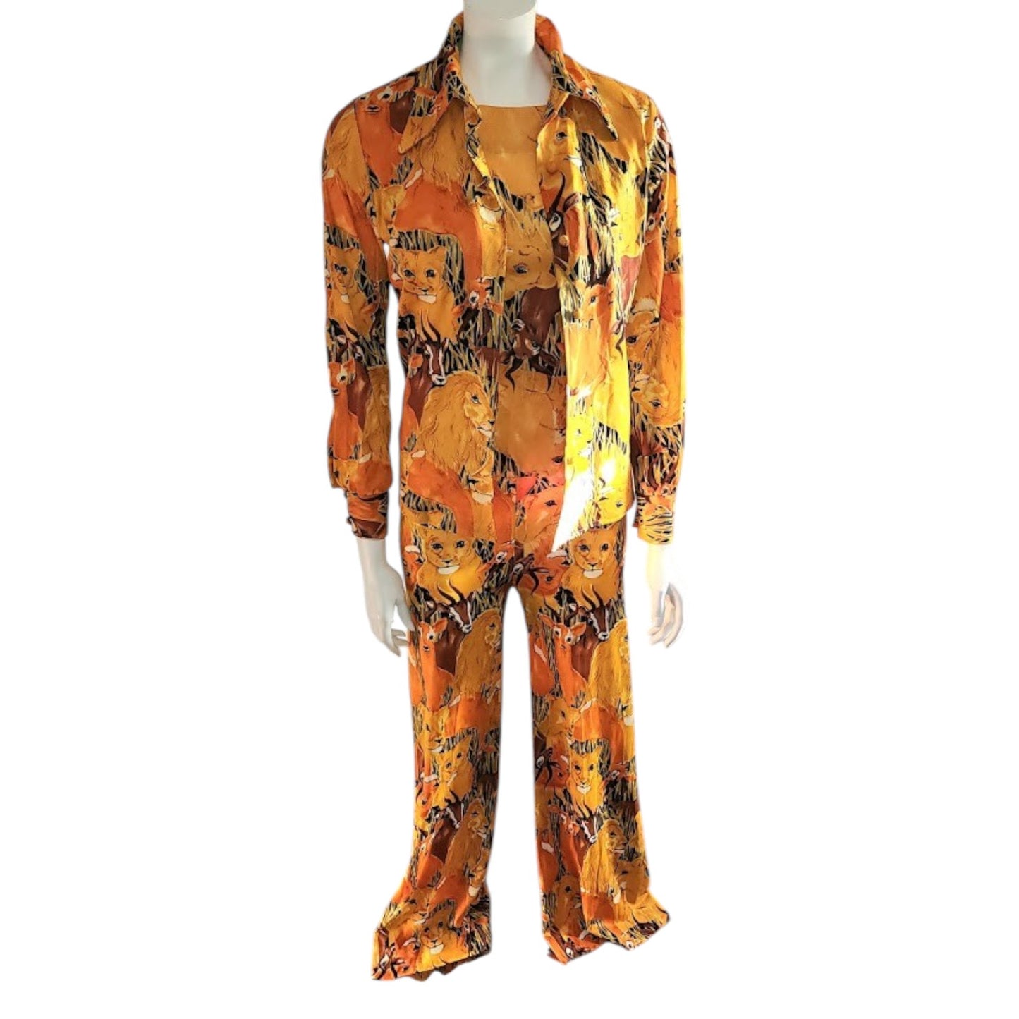 Vintage Animal Print Pantsuit 1970s 3 Piece Thin Polyester Jungle Animal Print Top Shirt Pants Large Collar Flared Leg Boho Disco S M