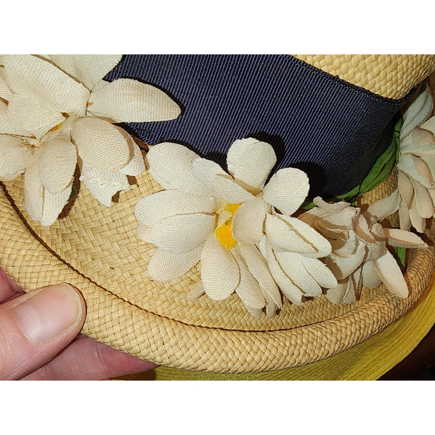 Vintage 1930s Hat Natural Straw Open Crown Hat Rolled Brim Lg Daisies Ribbon Daisy Hat Art Deco 20.5 in.