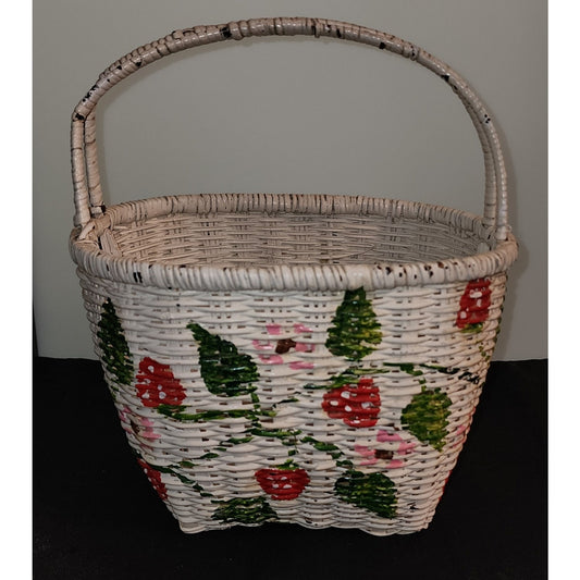 Vintage Strawberry Basket 1930s 40s Shabby White Red Hand Painted Woven Wood Strawberry Basket Purse Super Cute Art Deco Mid Century