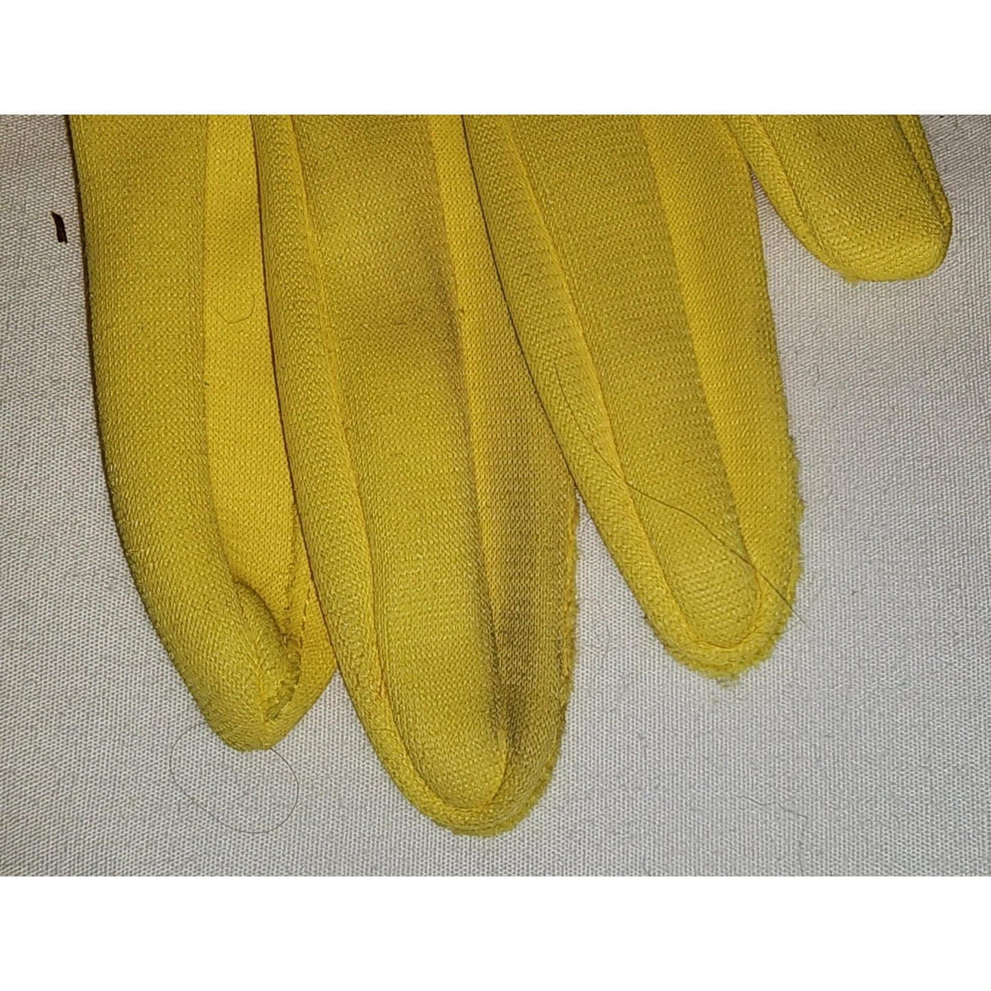Vintage Yellow Gloves 1960s Bright Canary Yellow Midlength Stretch Nylon Gloves Mid Century 6 6.5 7 surface dirt
