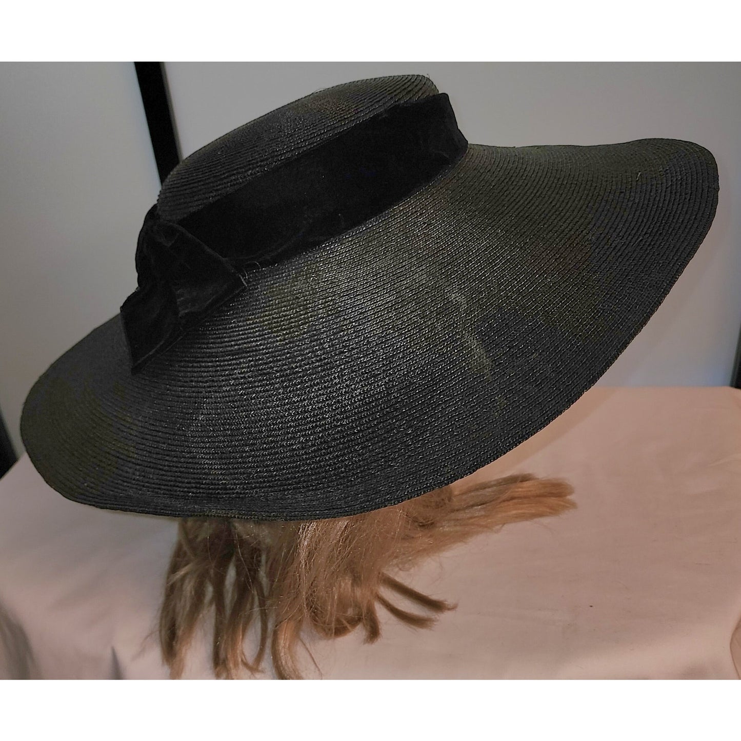 Vintage Platter Hat Large 1950s Black Straw Pancake Sun Hat Tilt Hat Huge Velvet Bow Mid Century 19 inches