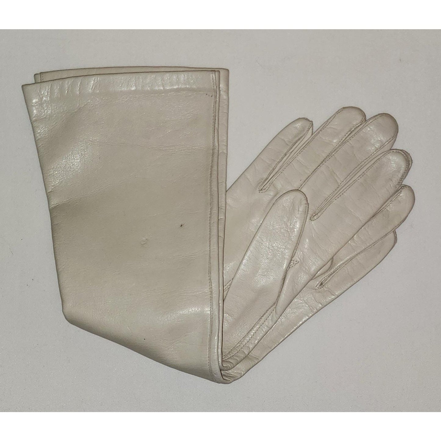 Vintage Leather Gloves 1960s Midlength Light Beige Leather Elbow Gloves Thin Nylon Lining Van Raalte Mid Century 7