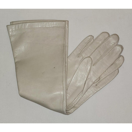 Vintage Leather Gloves 1960s Midlength Light Beige Leather Elbow Gloves Thin Nylon Lining Van Raalte Mid Century 7