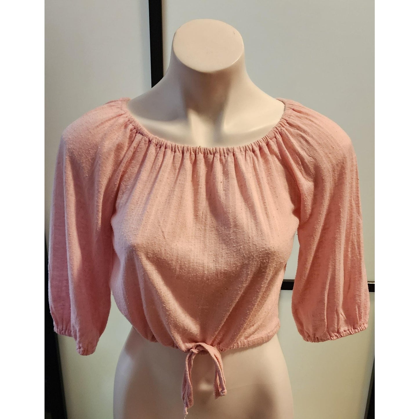 Vintage Drawstring Top 1970s Pink Gauze Drawstring Waist Crop Top Half Sleeves Off Shoulder Hippie Boho S
