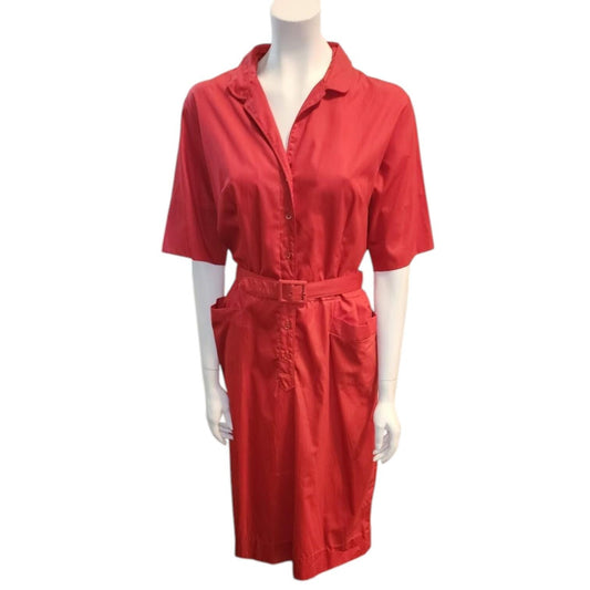 Unworn Vintage 1950s Dress Crisp Red Cotton Blend Shirtwaist Dress with Belt Avalon Classics Mid Century XL