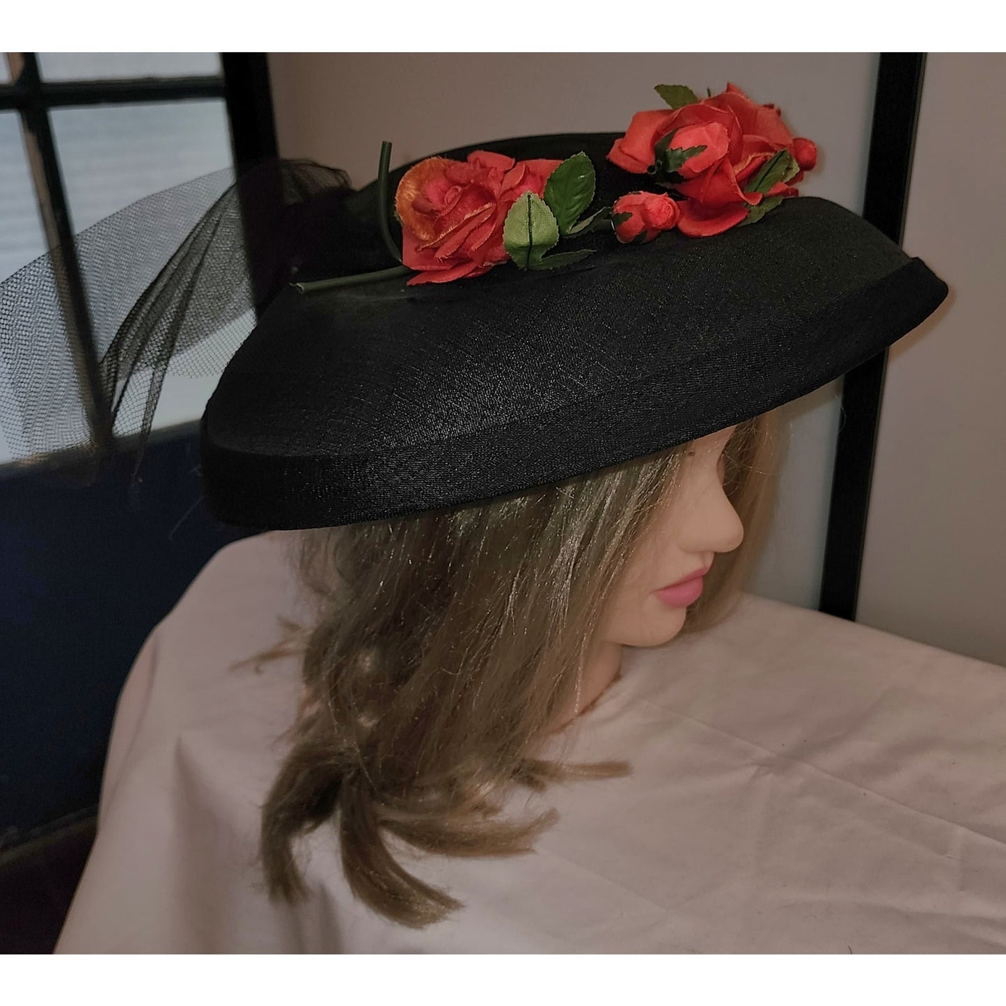 Vintage Floral Hat 1940s 50s Large Round Black Fine Straw Saucer Platter Hat Large Red Roses Mid Century 19.5 in.