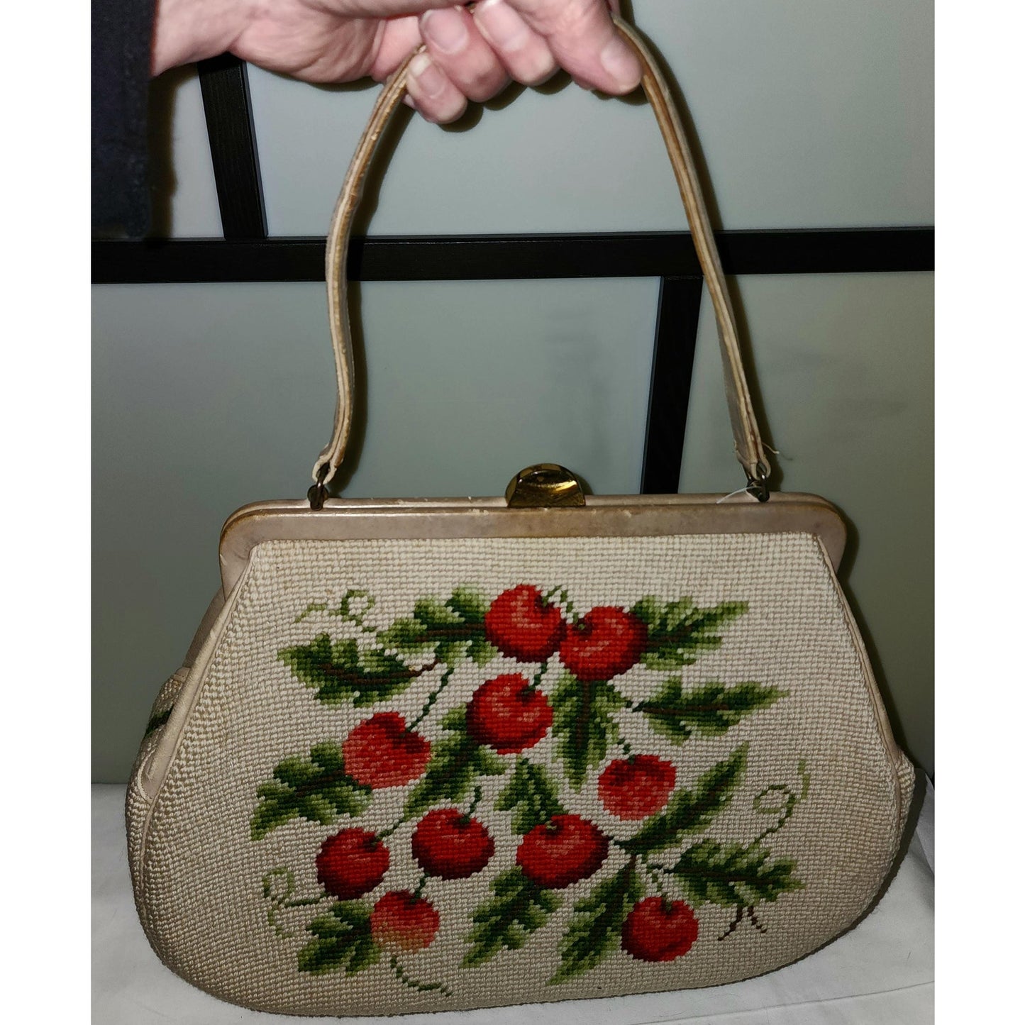 Vintage Cherry Purse Large 1950s Beige Wool Embroidered Bag Red Cherries Green Leaves Mid Century Rockabilly