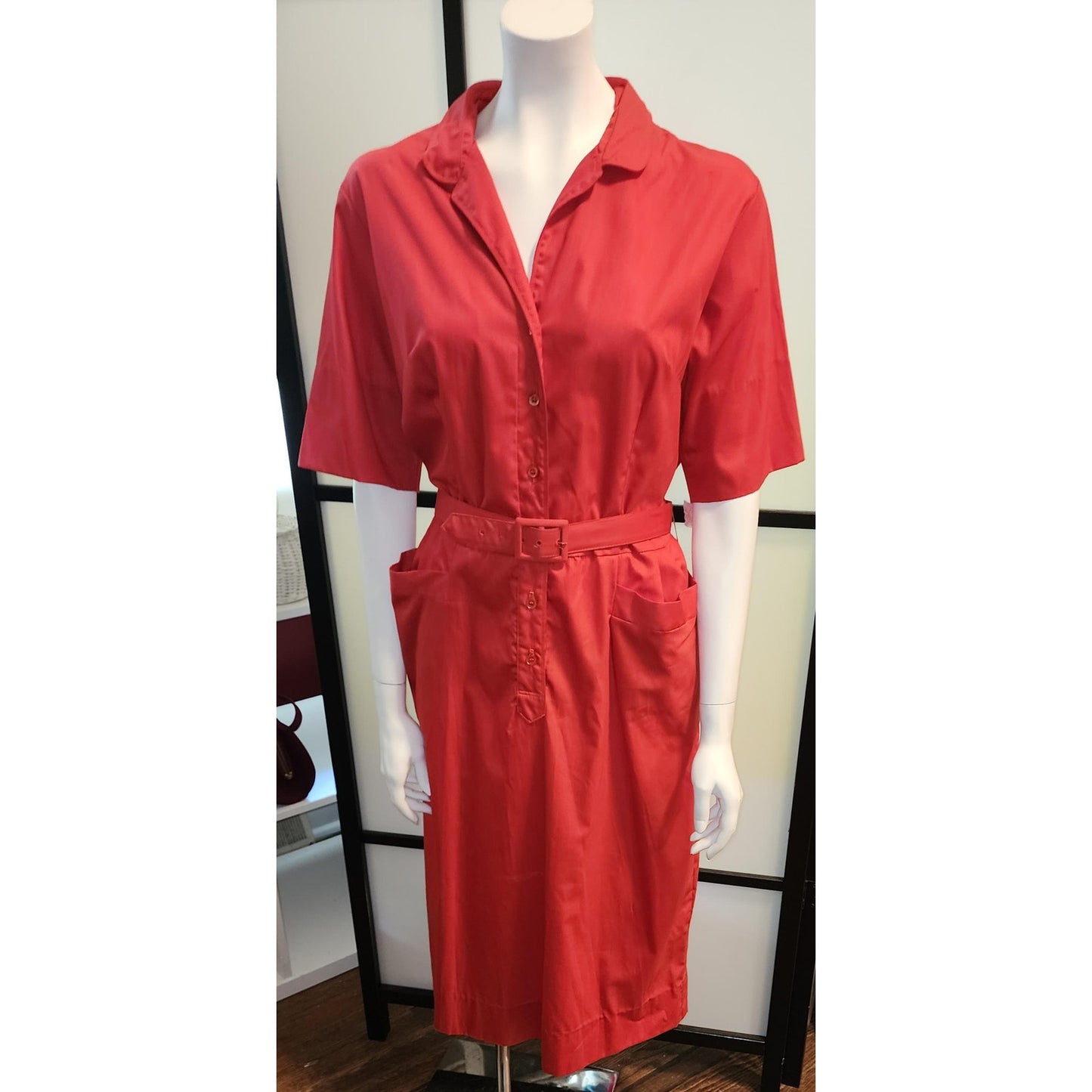 Unworn Vintage 1950s Dress Crisp Red Cotton Blend Shirtwaist Dress with Belt Avalon Classics Mid Century XL