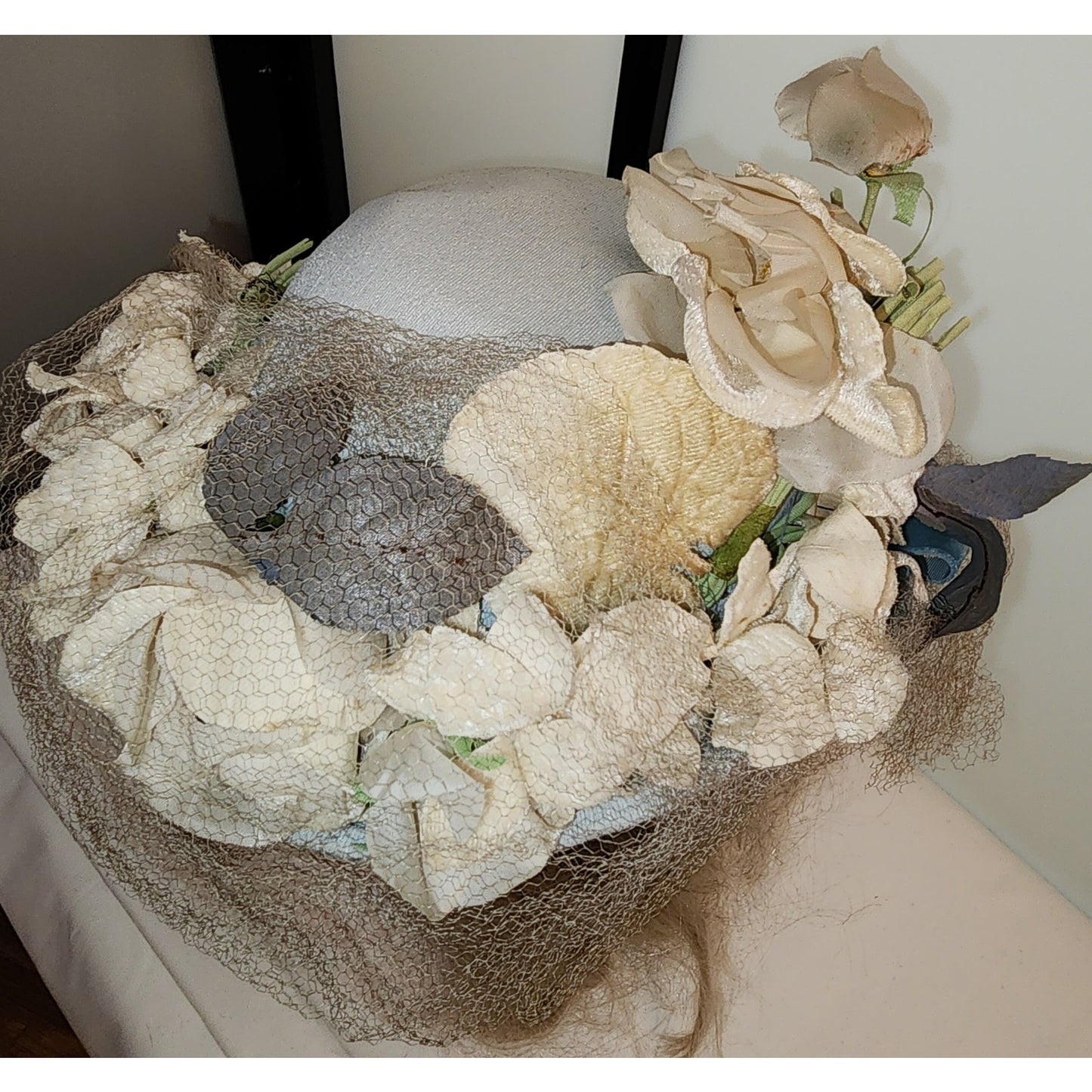 Vintage Floral Hat Light Blue 1930s 40s 50s Floral Hat White Flowers Net Veil Art Deco Mid Century 20.5 21 in.