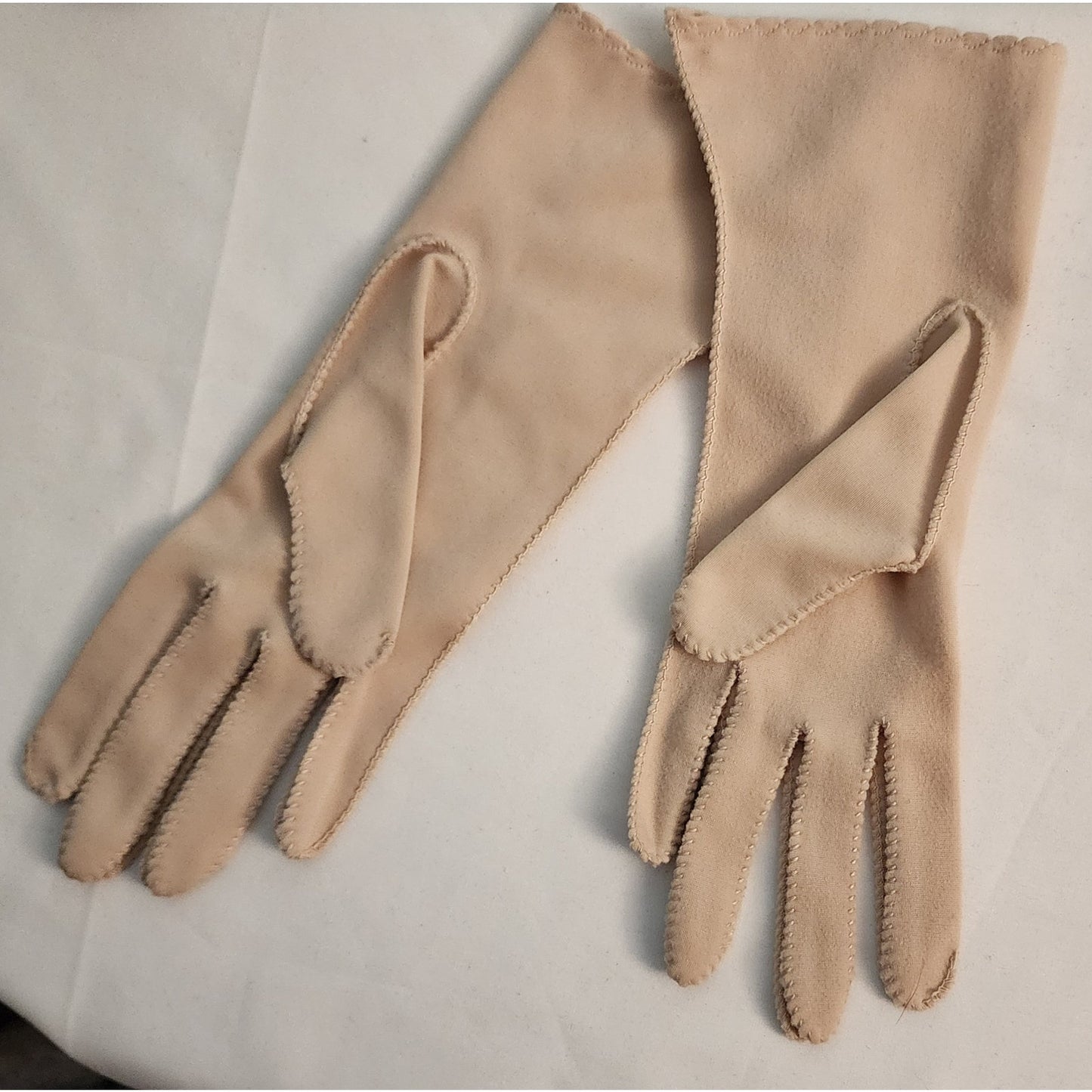 Vintage Pink Gloves 1950s Soft Light Shell Pink Nylon Fabric Midlength Gloves Mid Century 7 7.5 or so