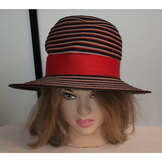 Vintage 1950s 60s Hat Red Beige Blue Striped Wide Brim Straw Hat Sun Hat Ribbons Mr John Mid Century Mod 21.5 in.