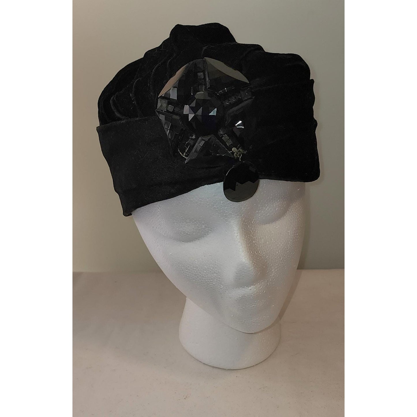 Vintage 1920s 30s Hat Black Velvet Turban Style Hat Large Jet Bead Ornament Art Deco Flapper 21.5 in.