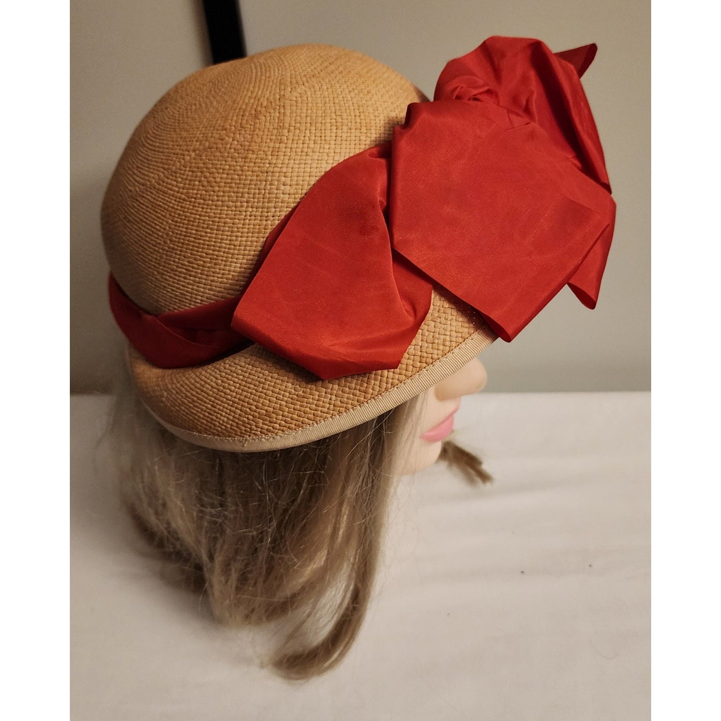 Vintage Panama Hat 1920s 30s Womens Natural Straw Round Bucket Cloche Hat Red Silky Ribbon Bow Genuine Panama Art Deco 21 in.