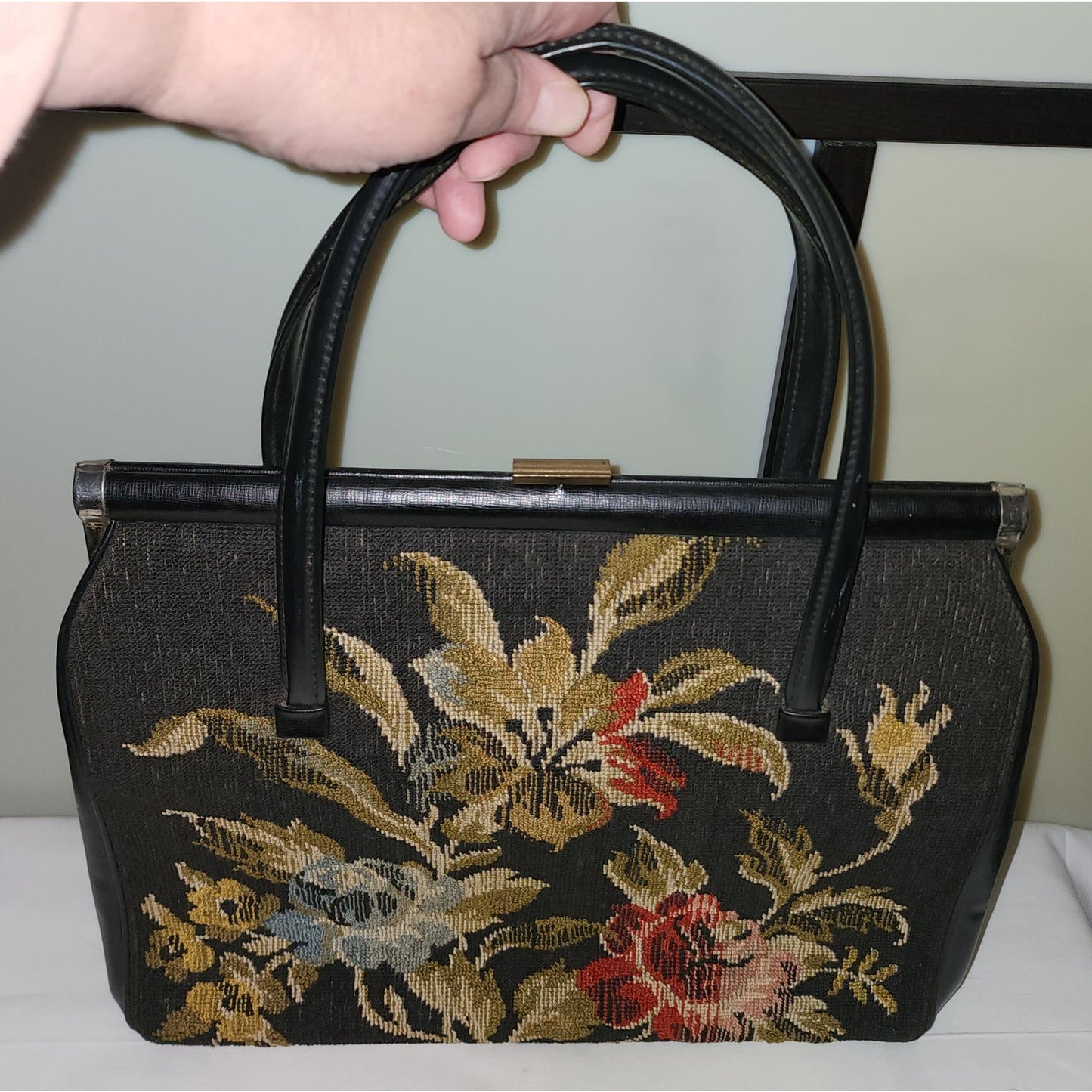 Vintage Tapestry Purse 1950s 60s Large Black Floral Tapestry Bag Leather Vinyl Trim Mid Century Boho dirty lining