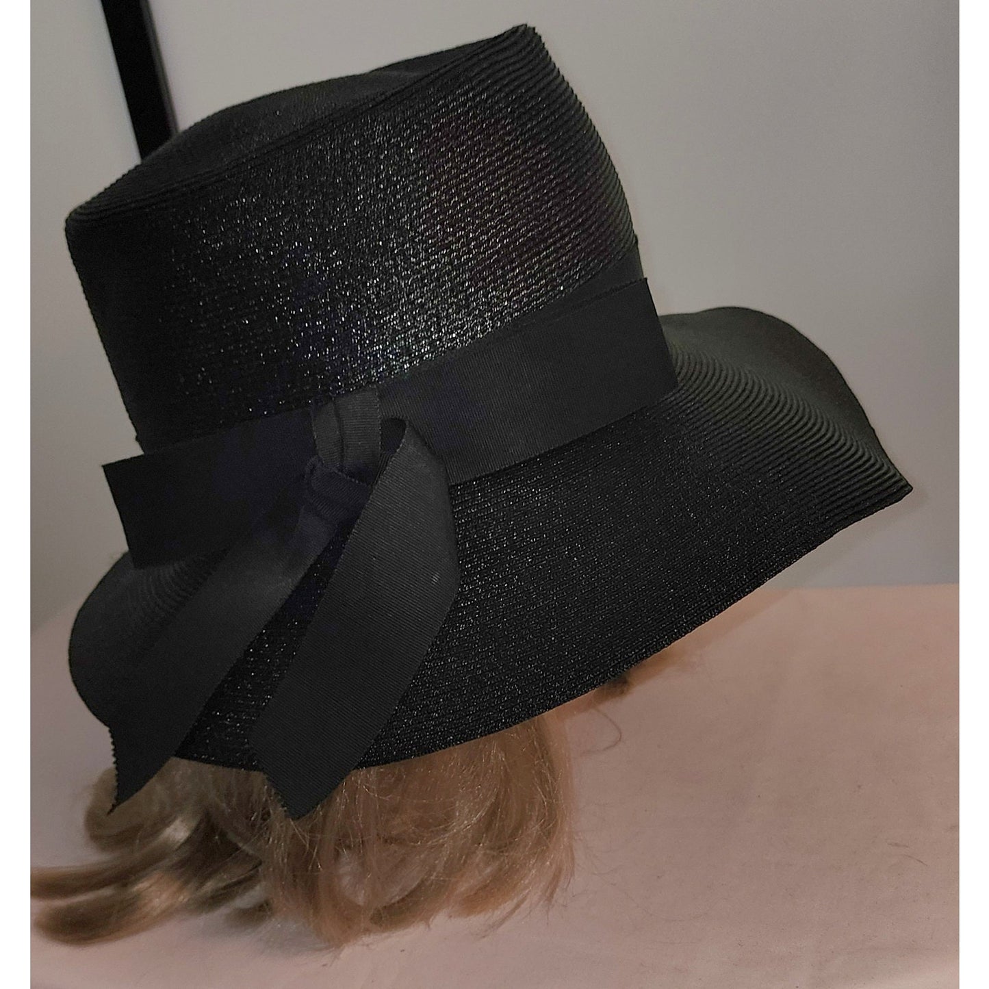 Vintage 50s Hat Tall Black Floppy Straw Sun Hat Huge Bow Mid Century 21.5 inches