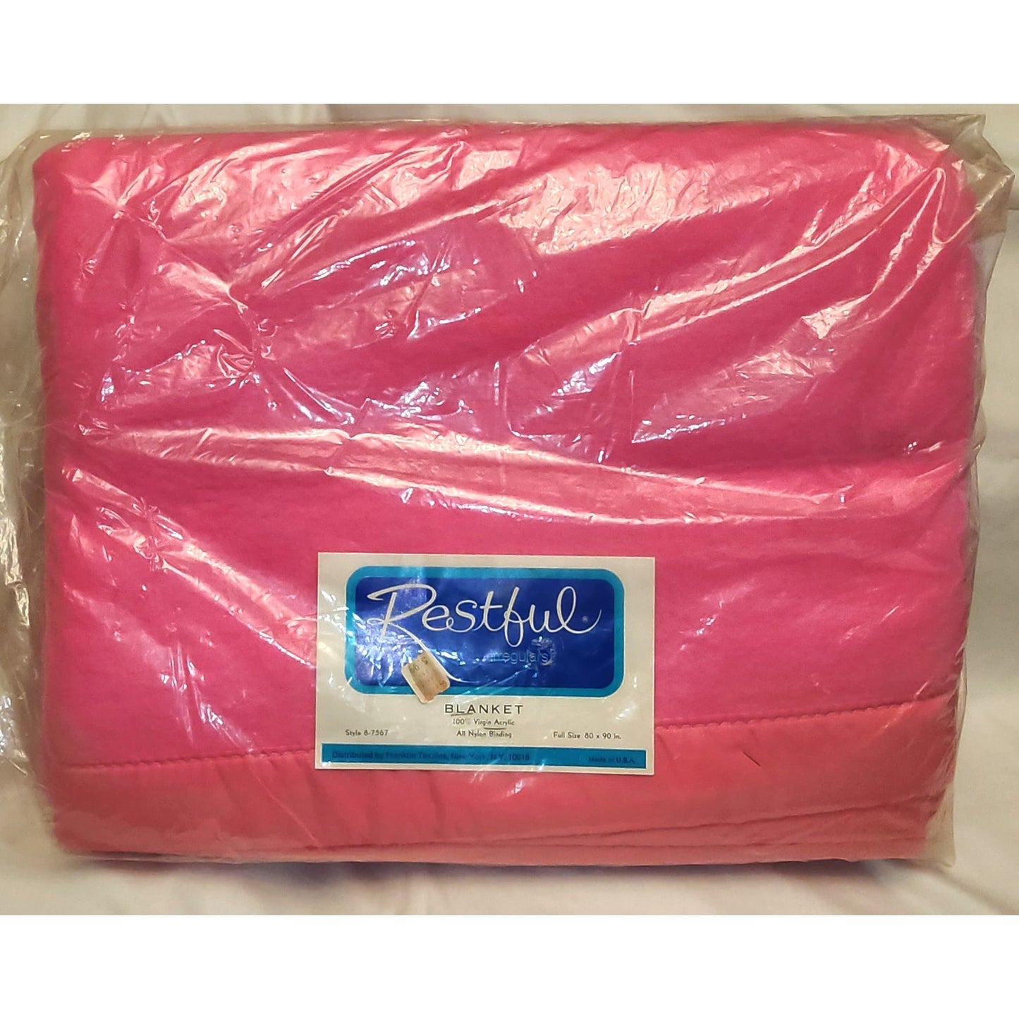 Unused Vintage Blanket 1960s Bright Pink Acrylic Blanket Pink Trim Restful Irregulars NIP Mid Century Bedding Full Size 80 x 90 in