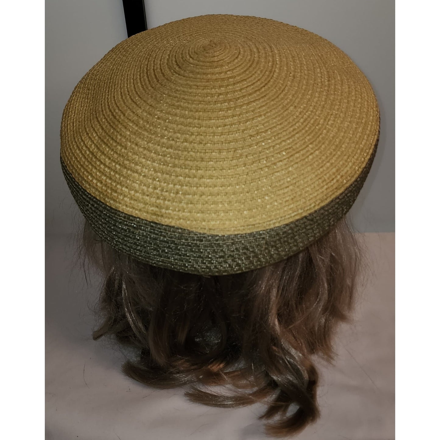 Vintage 1960s Hat Large Straw Beret Pouf Style Green Yellow White Hat Velvet Trim Mid Century Mod 21.5 inches