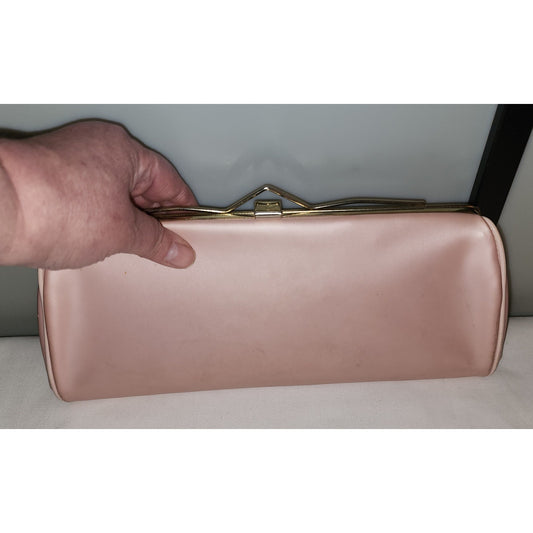 Vintage Pink Purse 1950s 60s Pearly Light Pink Vinyl Clutch Purse Unique Geometric Metal Frame Clasp Chain Handle Mid Century