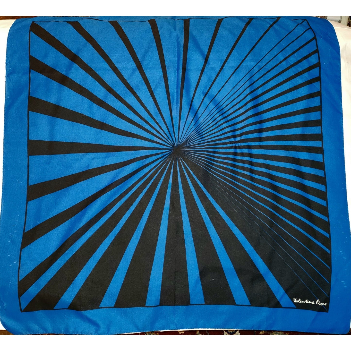 Vintage Graphic Scarf 1960s Valentina Fiore Blue Black Op Art Geo Print Silk Rayon Scarf Boho 29.5 x 30.5 in. small flaws