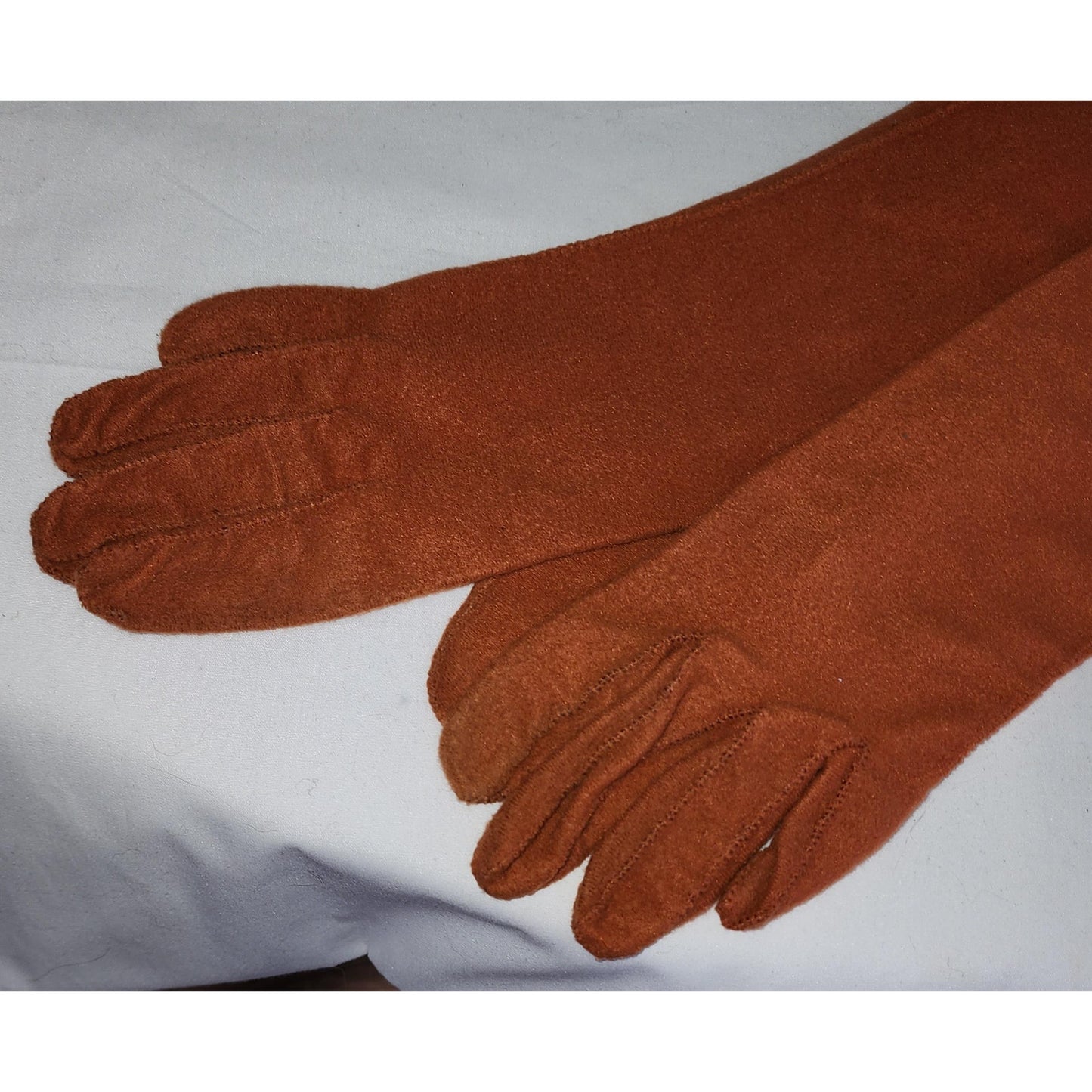 Vintage Pumpkin Gloves Midlength 1950s 60s Soft Nylon Gloves Rust Velsuede Van Raalte Made in USA Mid Century 7.5 8