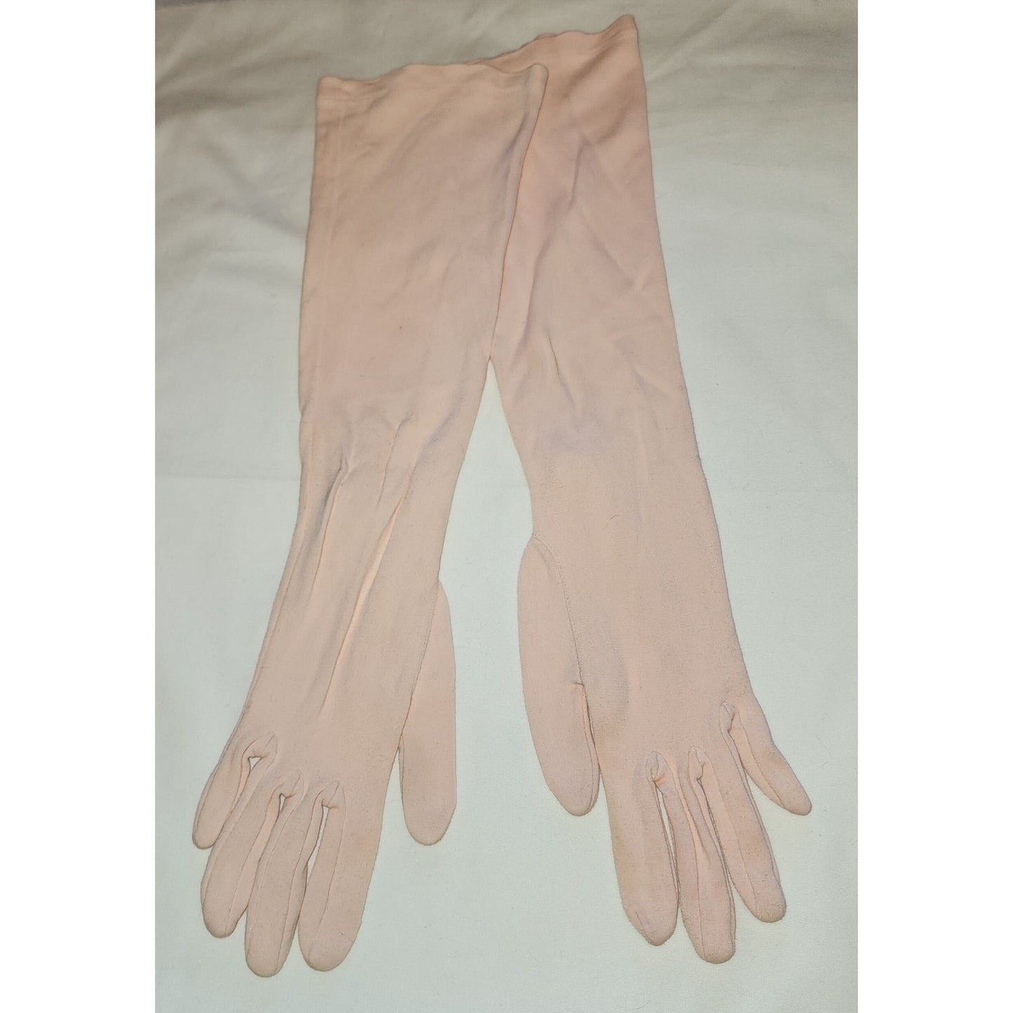 Vintage Pink Gloves 1950s Long Light Pink Nylon Fabric Elbow Gloves Pearl Buttons Van Raalte Mid Century 6