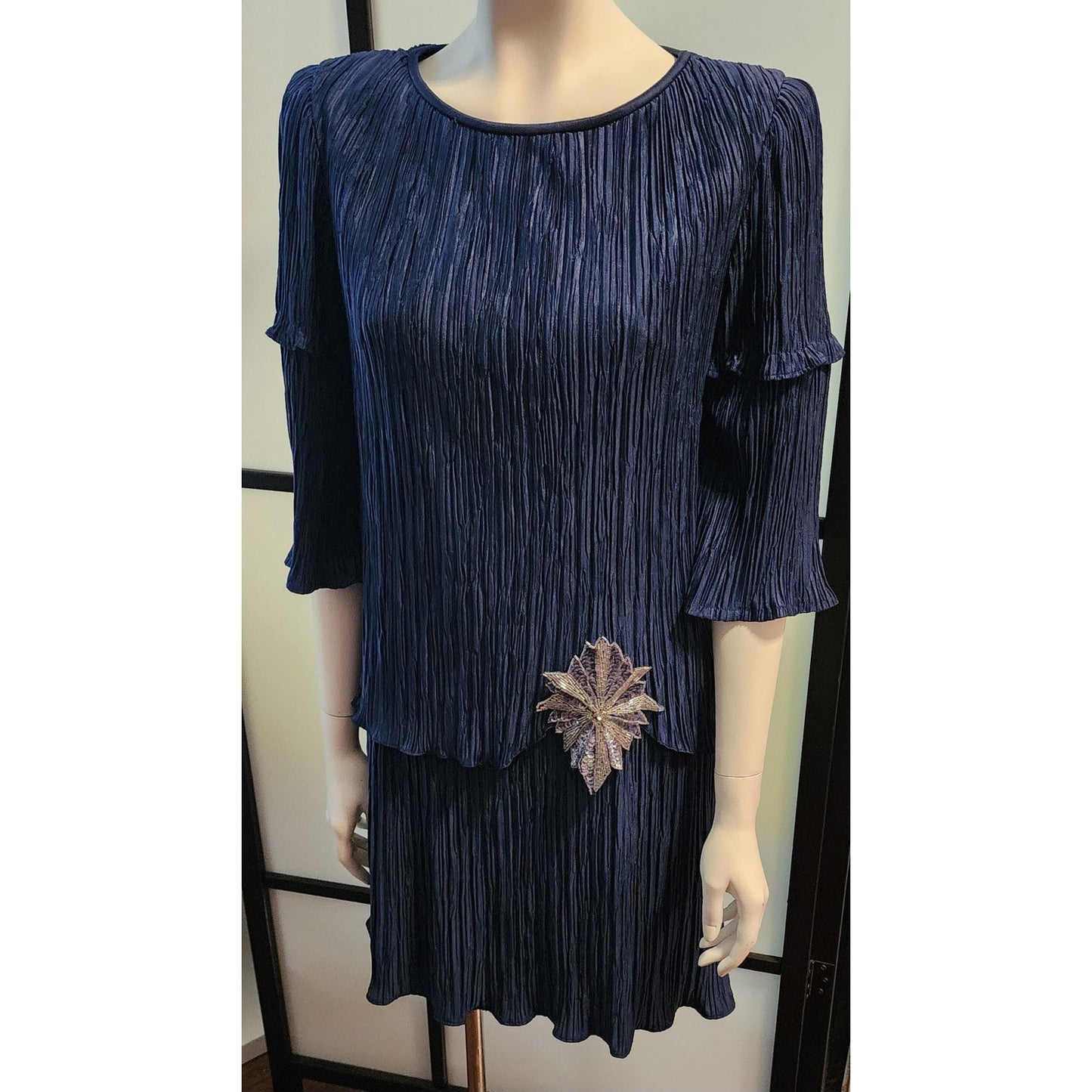 Vintage Evening Dress 1980s Dark Blue Micro Pleat Tiered Flapper Style Cocktail Dress Huge Beaded Ornament After Dark M