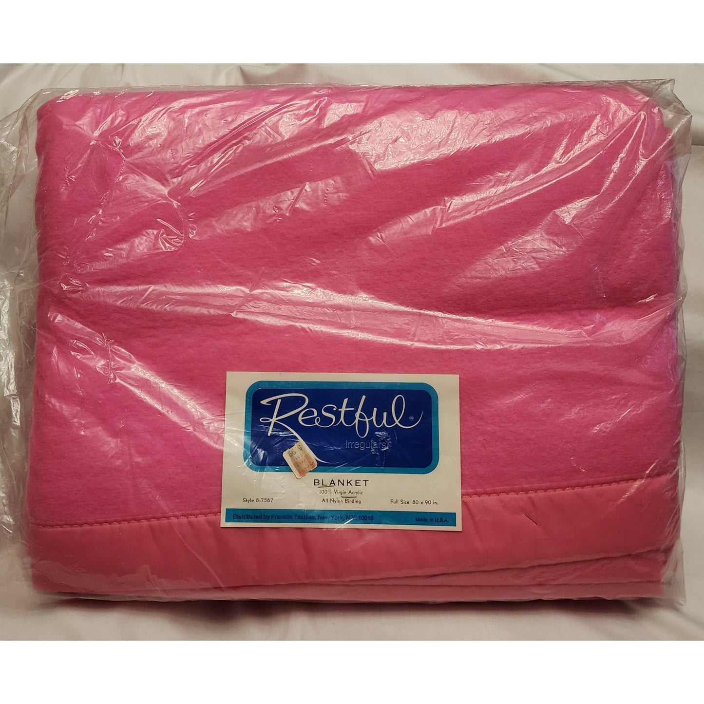 Unused Vintage Blanket 1960s Bright Pink Acrylic Blanket Pink Trim Restful Irregulars NIP Mid Century Bedding Full Size 80 x 90 in