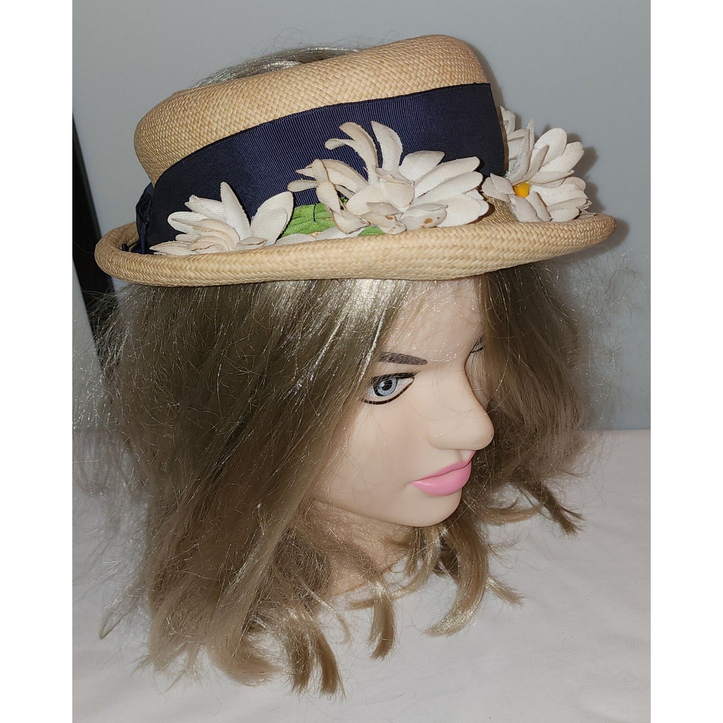 Vintage 1930s Hat Natural Straw Open Crown Hat Rolled Brim Lg Daisies Ribbon Daisy Hat Art Deco 20.5 in.