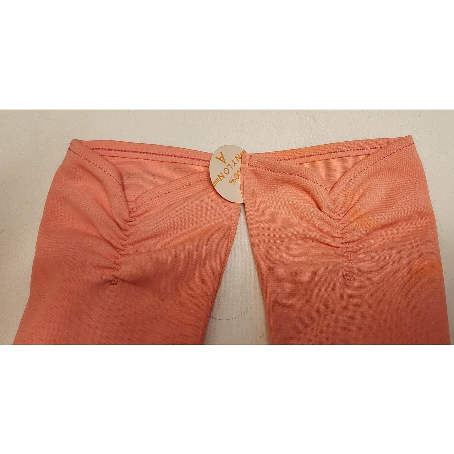 Vintage Unworn Gloves 1960s Orangey Pink Salmon Nylon Ruched Wrist Gloves Mid Century NWT 6 6.5