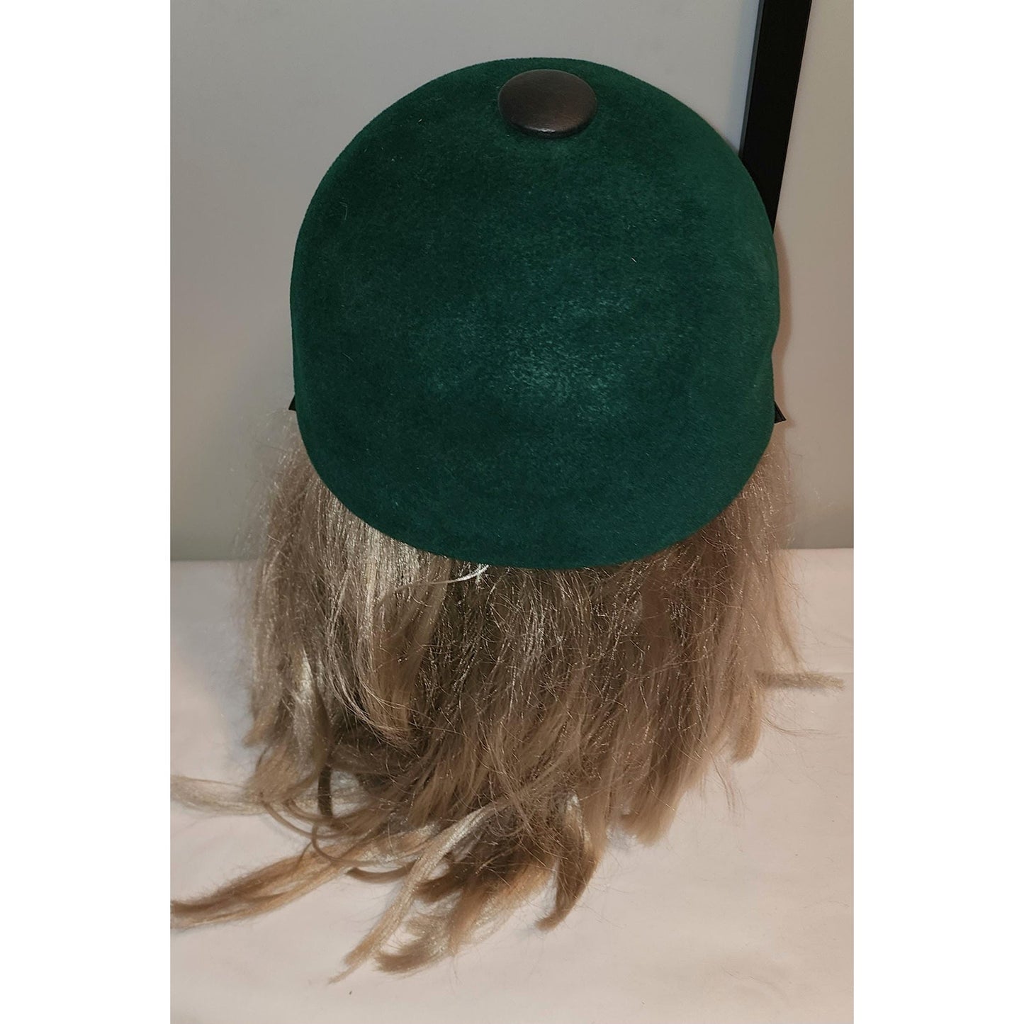 Vintage 1960s Hat Dark Green Rounded Felt Equestrian Style Hat Top Button Mid Century Mod 21 in.