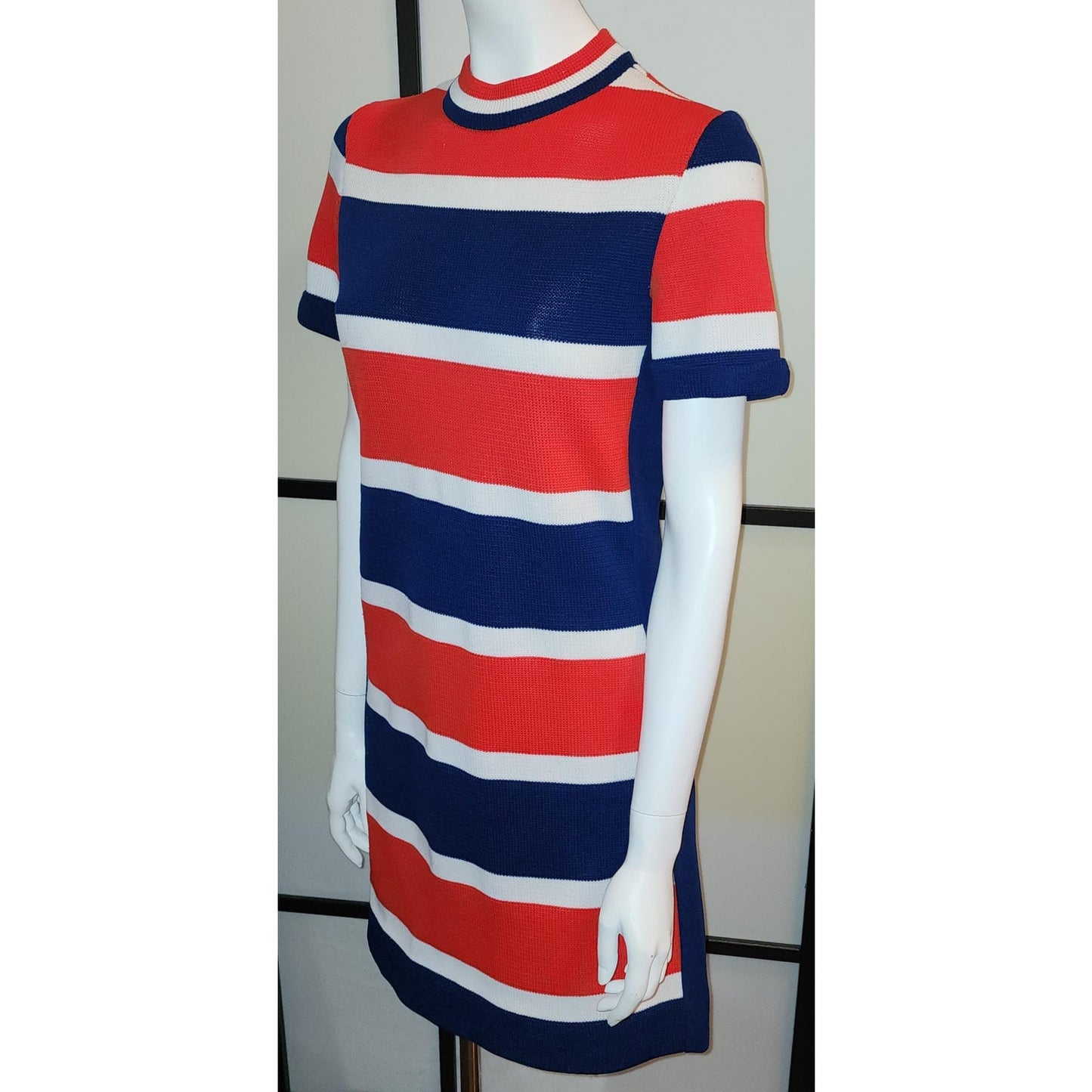 Vintage Mod Dress 1960s 70s Red White Blue Horizontal Striped Stretchy Knit Polyester Dress Patriotic Boho M