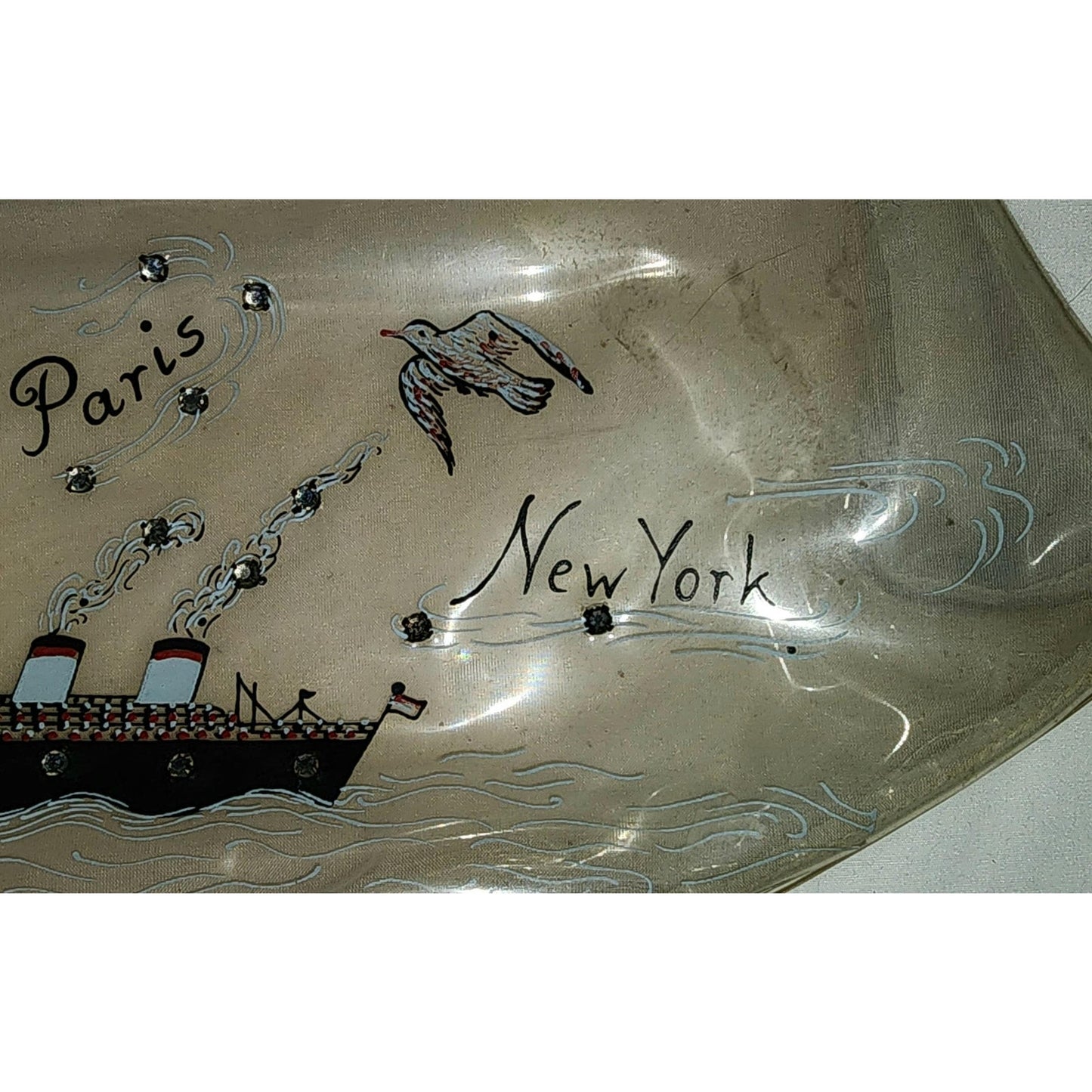 Vintage 1950s Purse Large Clear Vinyl Clutch Whimsical Travel Motifs Paris Vegas NY Miami Plane Ship Rhinestones Mid Century Rockabilly