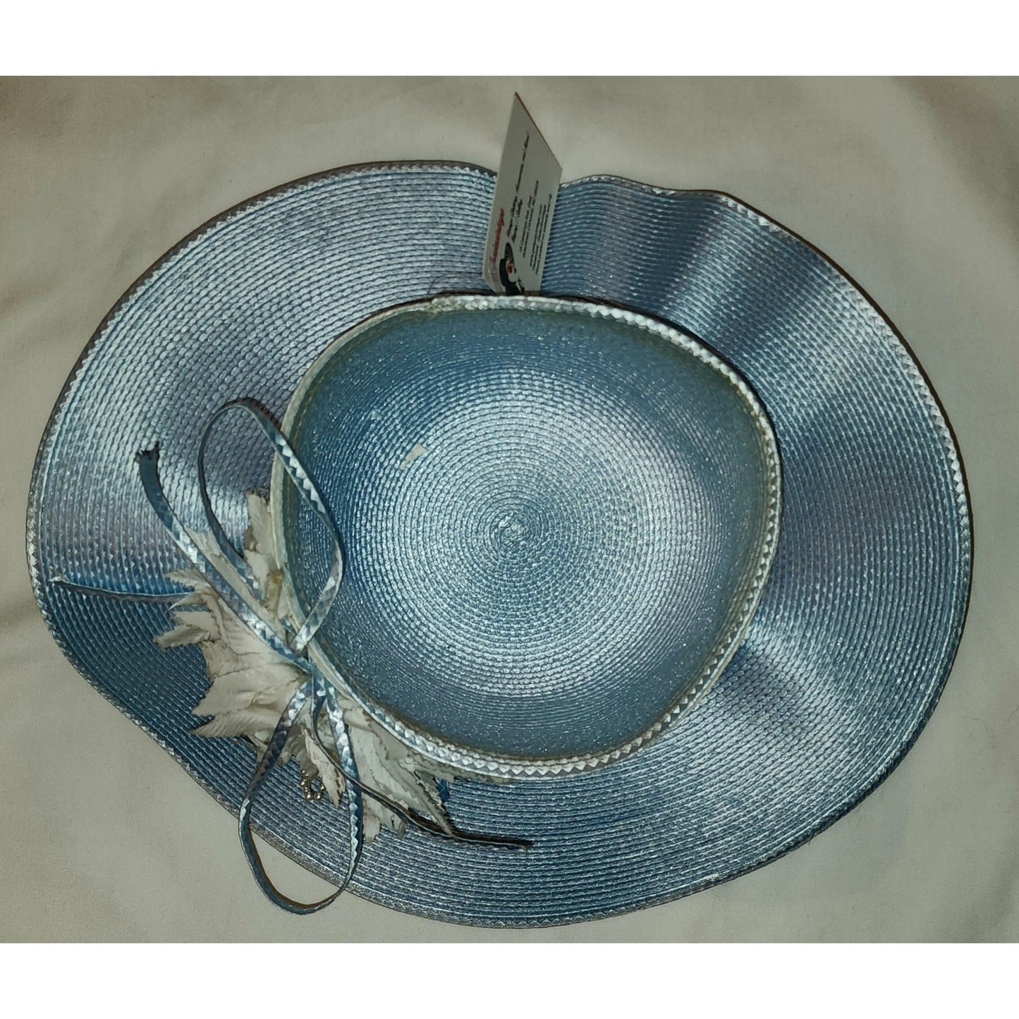 Vintage Platter Hat 1960s Huge Lt Blue Straw Hat White Floral Ribbon Ornament Mid Century Church Hat 21.5 22 inches