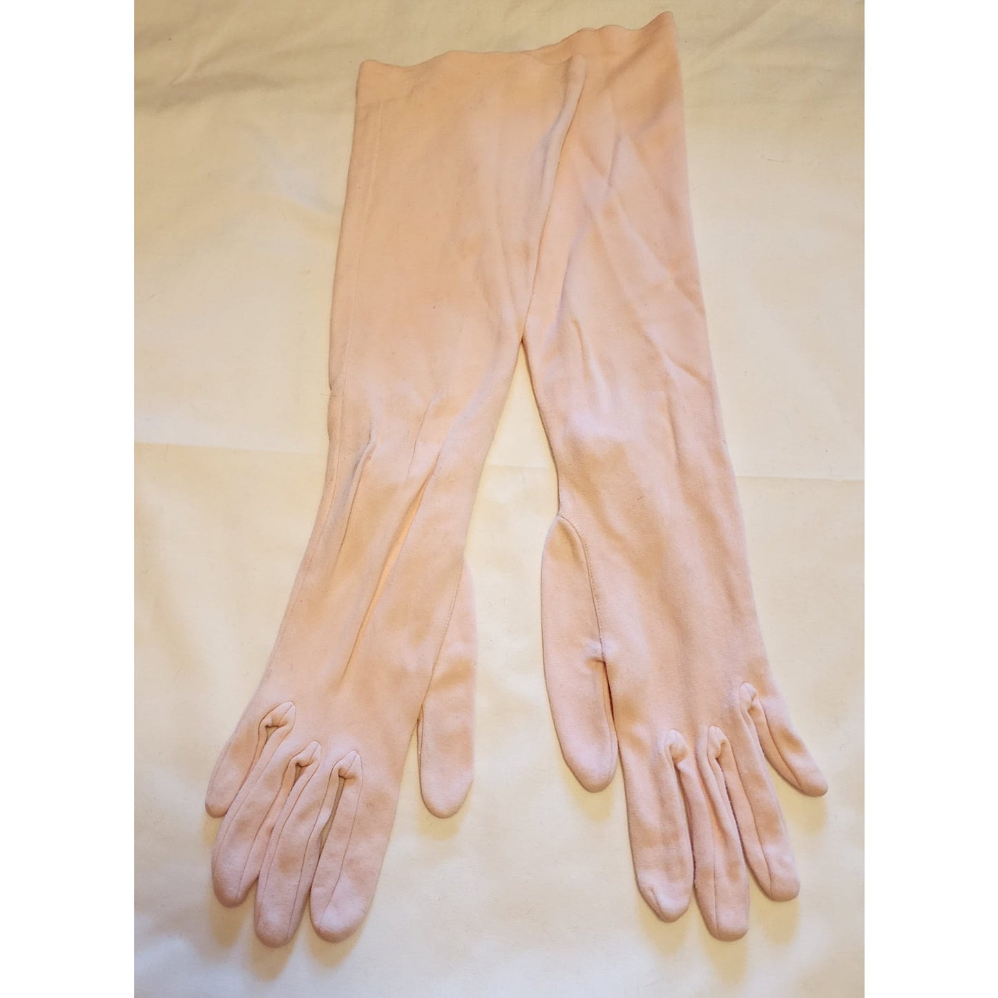 Vintage Pink Gloves 1950s Long Light Pink Nylon Fabric Elbow Gloves Pearl Buttons Van Raalte Mid Century 6