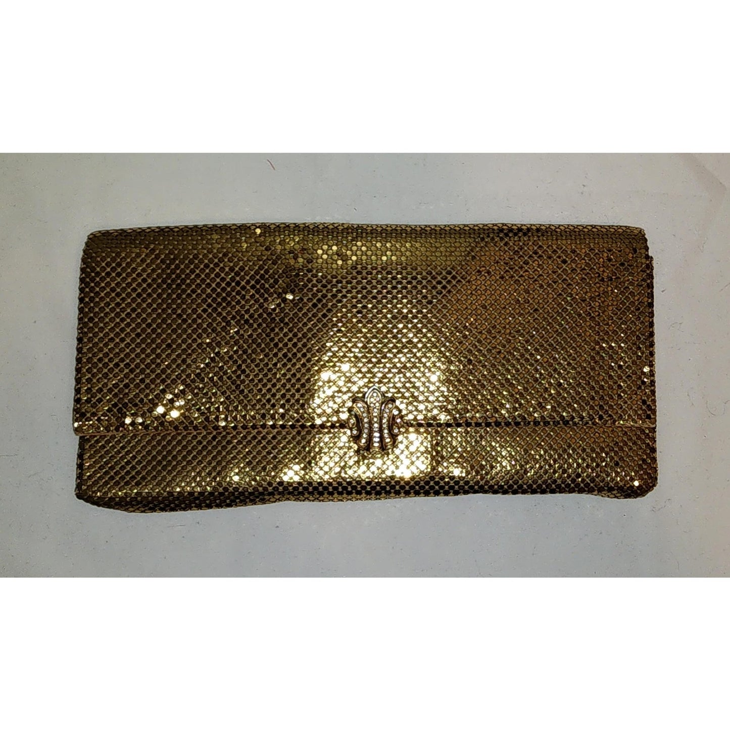 Vintage Gold Clutch 1950s Whiting and Davis Gold Metal Mesh Clutch Purse Rhinestone Clasp Mid Century Evening Purse Bag