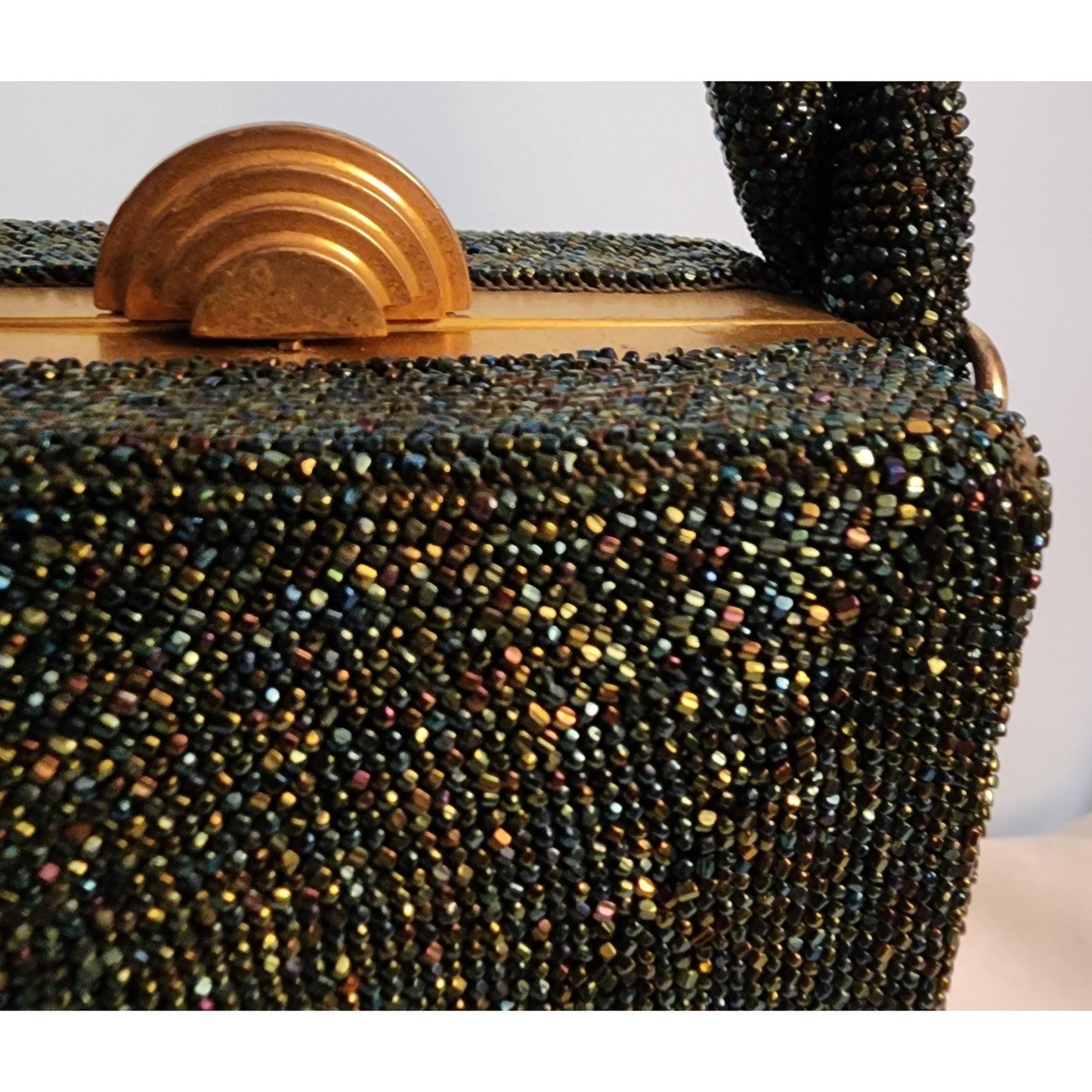 Vintage 1930s Purse Black Iridescent Carnival Glass Micro Bead Box Purse Braided Bead Handle Gold Metal Frame Art Deco Mid Century