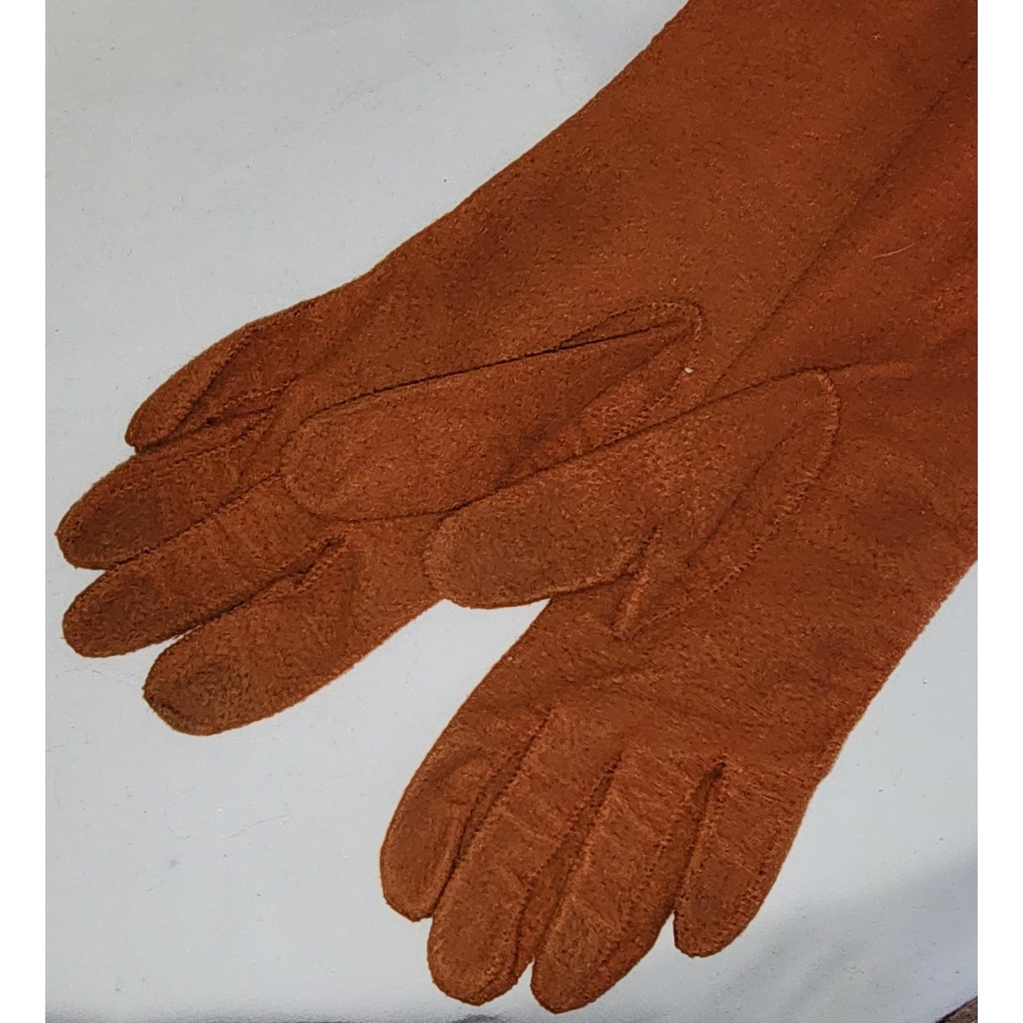 Vintage Pumpkin Gloves Midlength 1950s 60s Soft Nylon Gloves Rust Velsuede Van Raalte Made in USA Mid Century 7.5 8