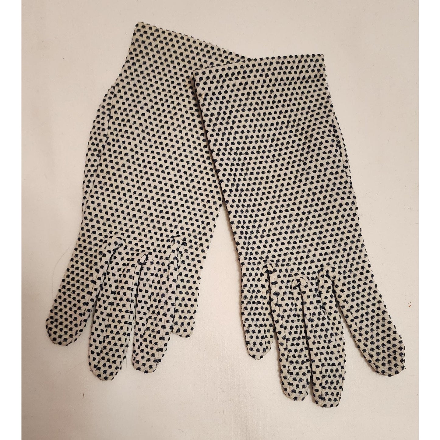 Vintage Polkadot Gloves 1960s Black and White Stretch Nylon Textured Tiny Polka Dot Wrist Gloves Mid Century Mod One Size