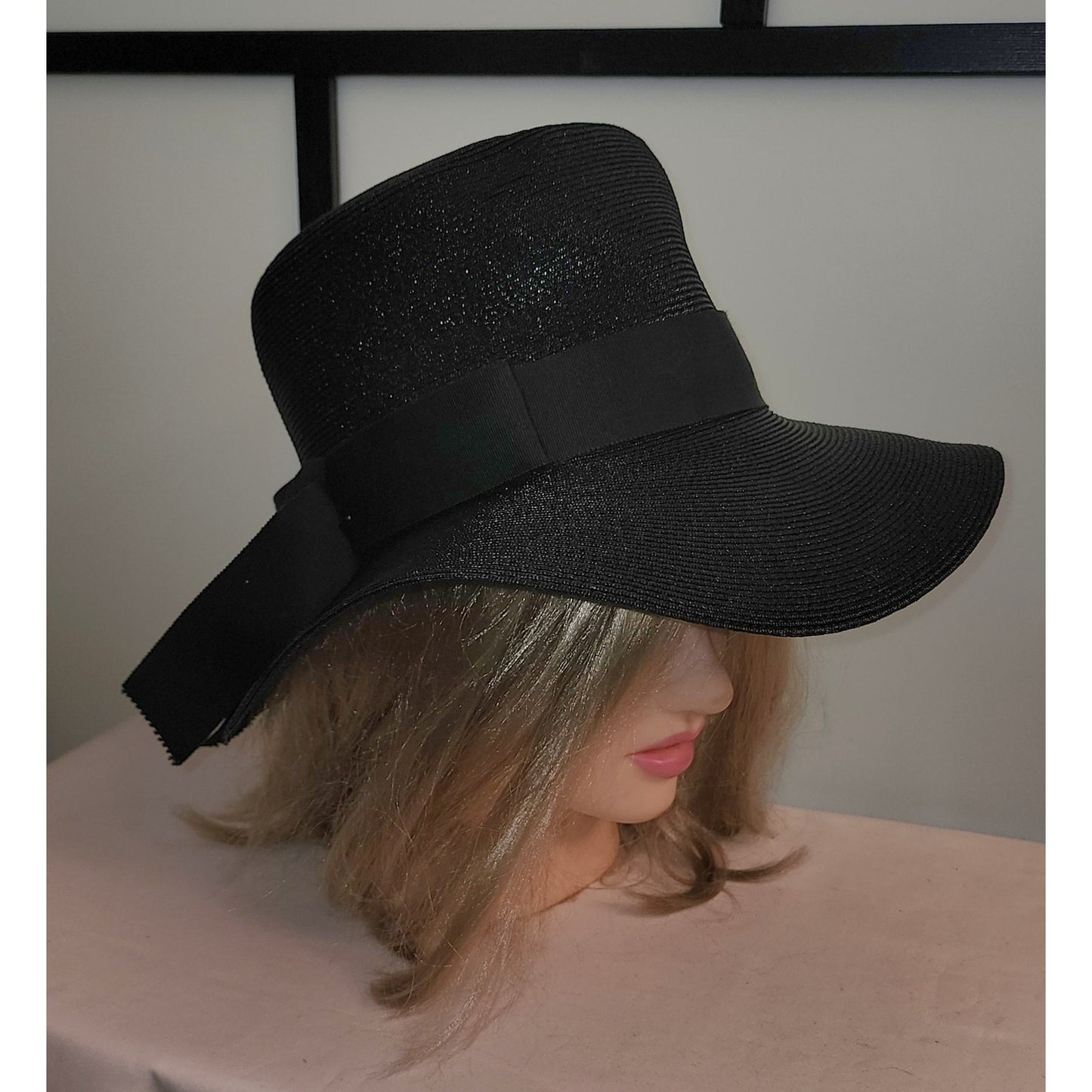 Vintage 50s Hat Tall Black Floppy Straw Sun Hat Huge Bow Mid Century 21.5 inches