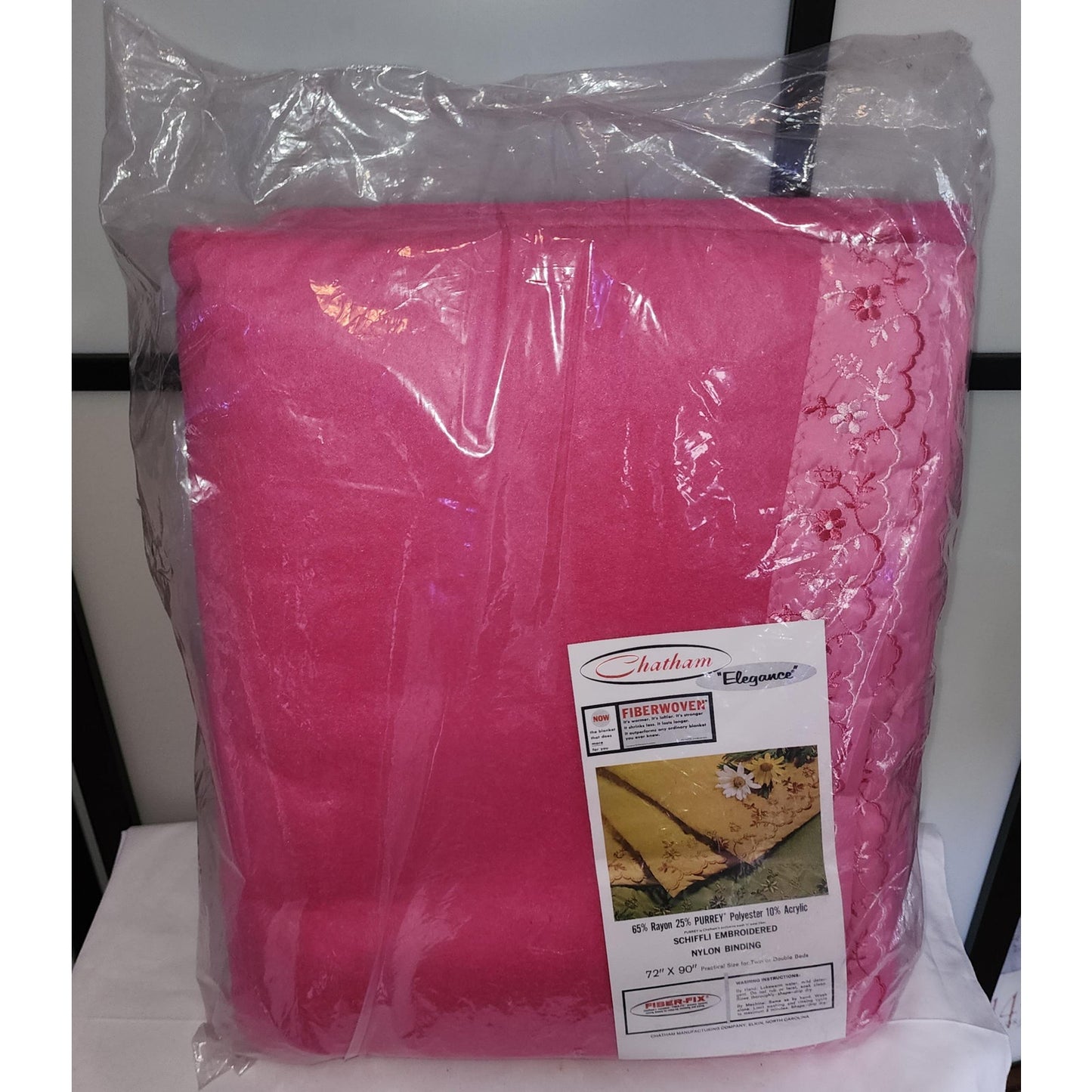 Unused Vintage Blanket 1960s Bright Pink Rayon Poly Acrylic Blanket Pink Floral Embroidered Trim NIP Mid Century Bedding 72 x 90 in