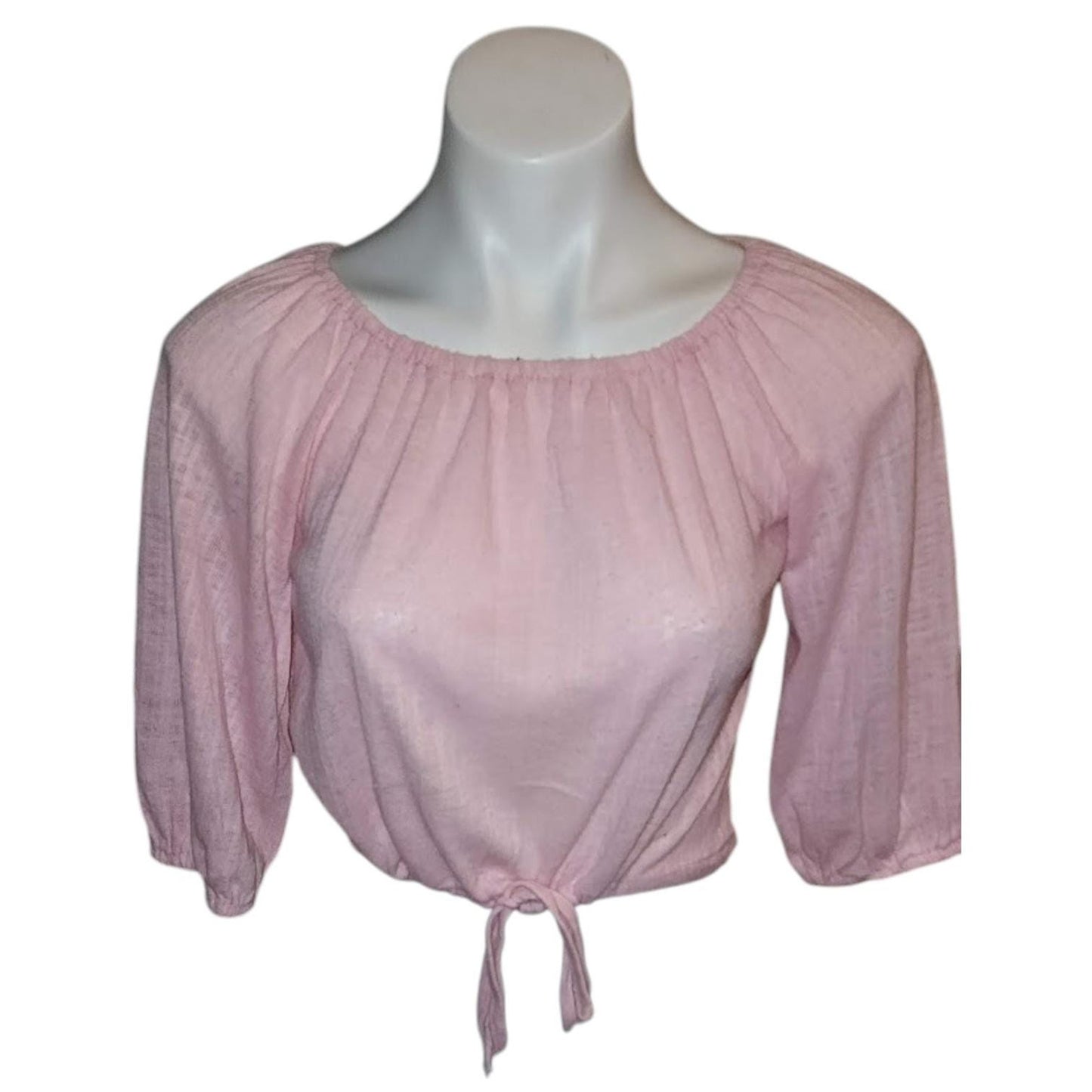 Vintage Drawstring Top 1970s Pink Gauze Drawstring Waist Crop Top Half Sleeves Off Shoulder Hippie Boho S