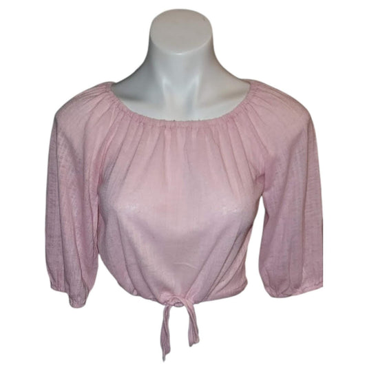 Vintage Drawstring Top 1970s Pink Gauze Drawstring Waist Crop Top Half Sleeves Off Shoulder Hippie Boho S