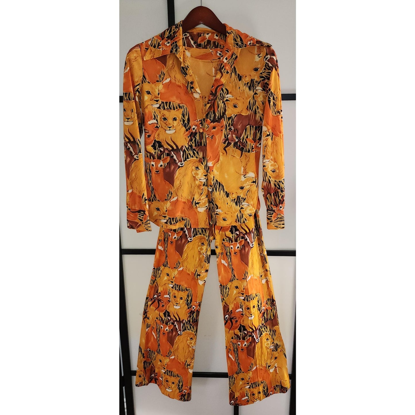 Vintage Animal Print Pantsuit 1970s 3 Piece Thin Polyester Jungle Animal Print Top Shirt Pants Large Collar Flared Leg Boho Disco S M