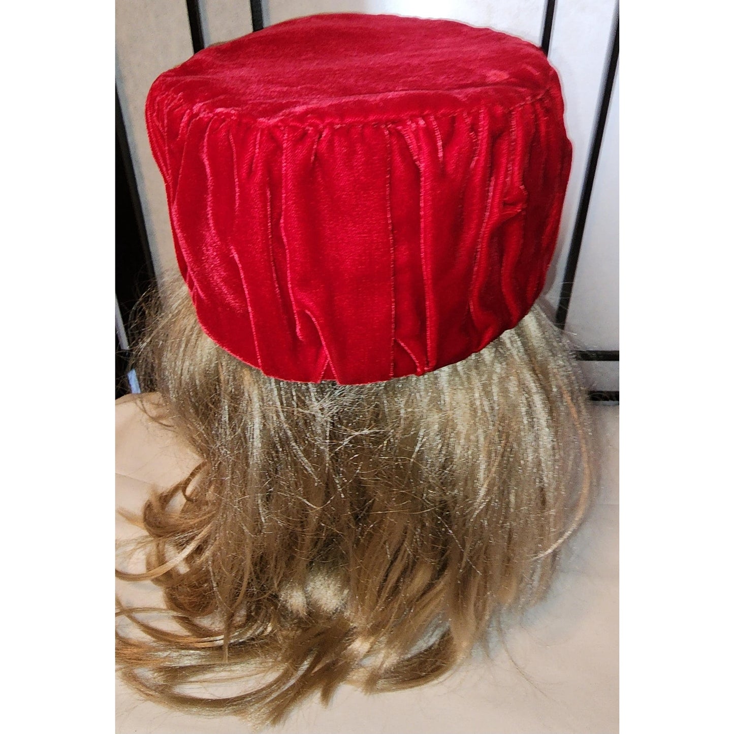 Vintage Pillbox Hat 1950s 60s Bright Red Pleated Velvet Tall Round Pillbox Hat Mid Century Handmade 21 in.